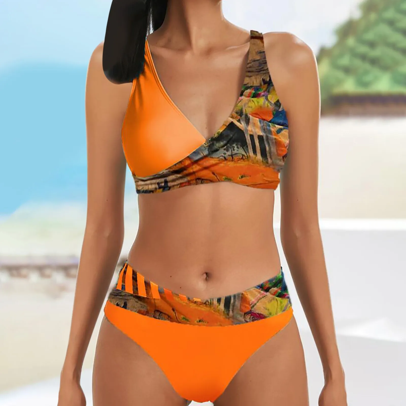 Summer fashion split bikini swimsuit sexy high waist retro print stitching new bikini swimsuit women's beach strapless bikini set