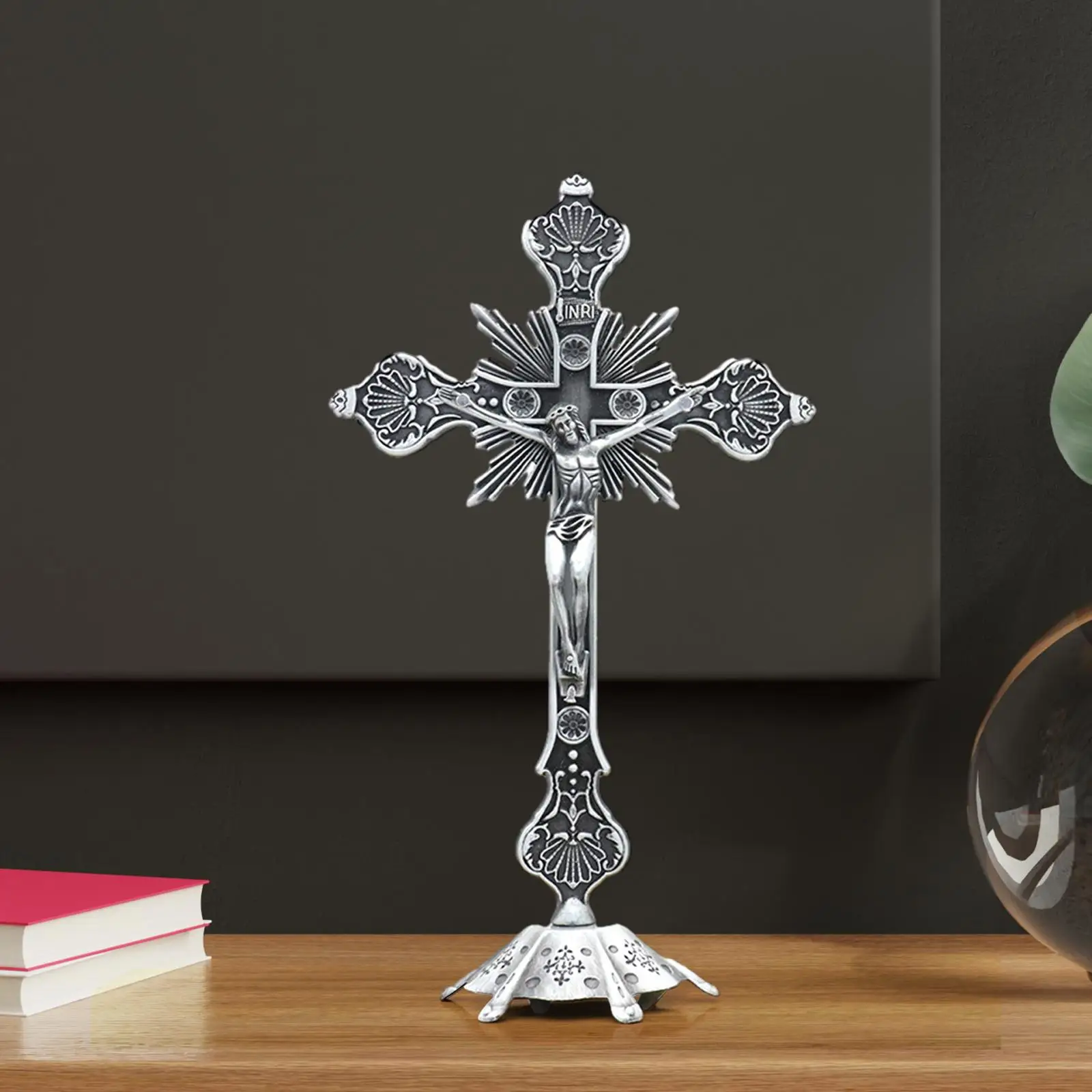 Jesus Crucifix Sculpture Jesus Cross Statue Catholic Figurine Standing Crucifix for Home Altar Living Room Table Bedroom