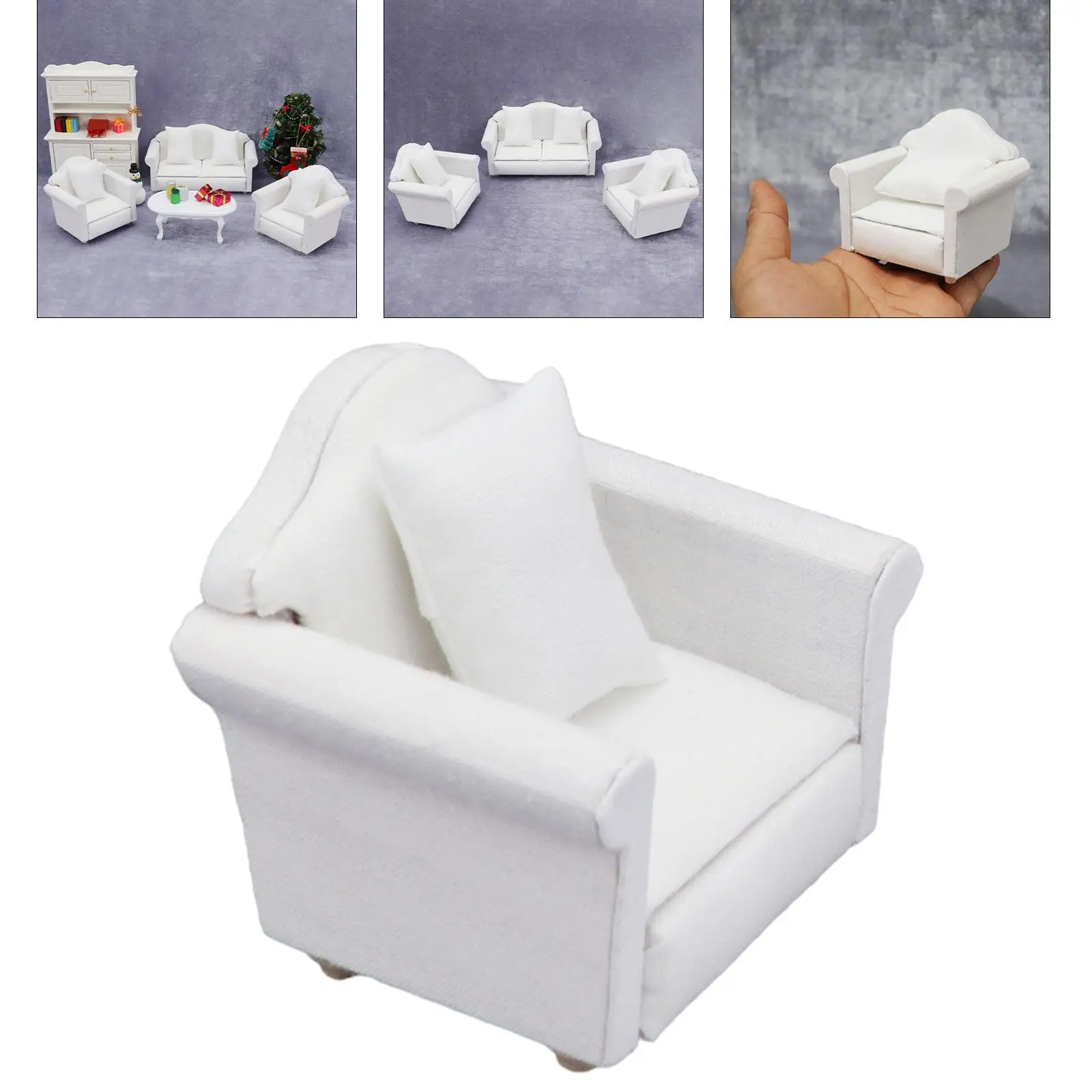 Modern Wood Upholstered Sofa & Cushion Furniture Set White for 1:12 Doll House Living Room Accessory DIY Toys