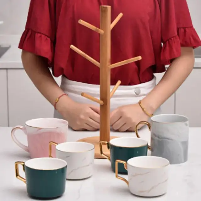 Soporte para colgar tazas, soporte para tazas de café con 6 ganchos,  soporte de madera para taza de café para mostrador (natural)
