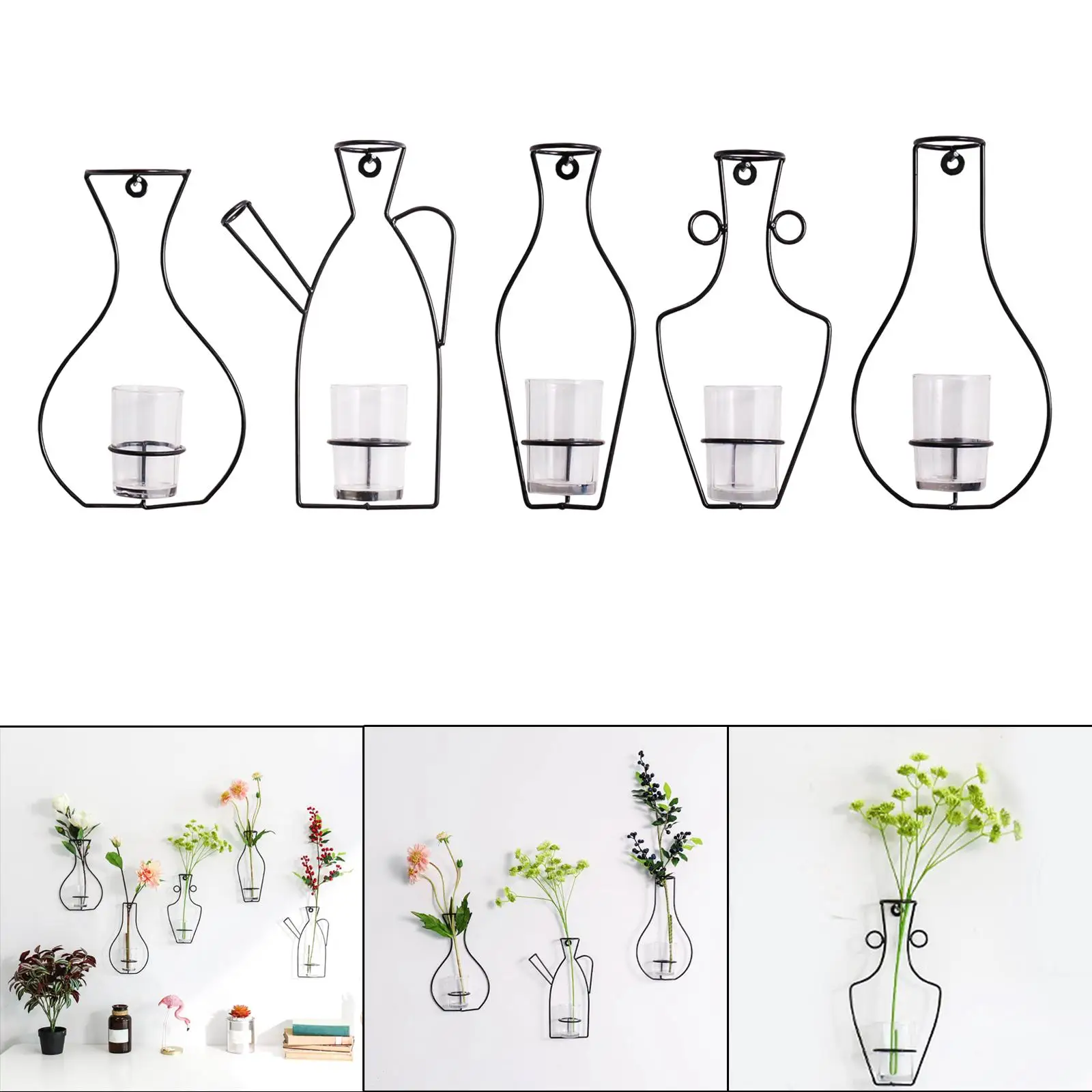 Nordic Style Flower Vase Terrarium Container Iron Stand with Glass Cup Hydroponic Ornament Plant Holder Hanging for Office Decor