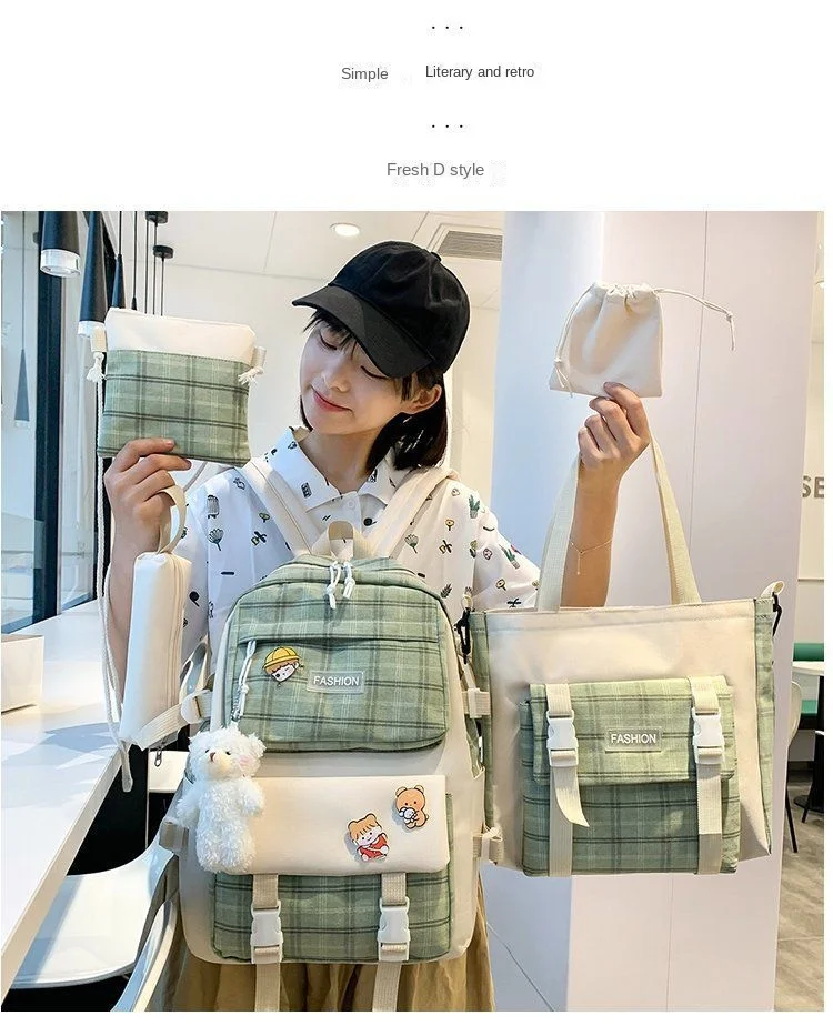 Kawaii Harajuku Large Capacity Fashion Grid Backpack Set