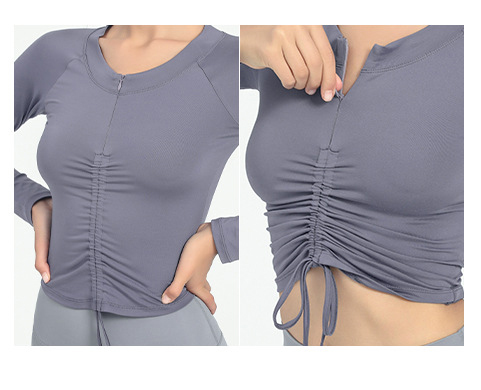 Langarm Shirt Halb Zip Vorne Kordelzug Yoga Tops Frau Sport Active Lauf Oben für Fitness Weibliche Bluse Gym Frauen – Detail 7