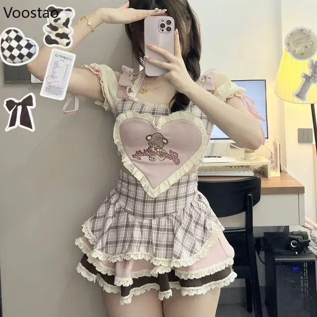 Terno de saia Lolita bordada com urso estilo doce Kawaii - Loja de moda  Kawaii