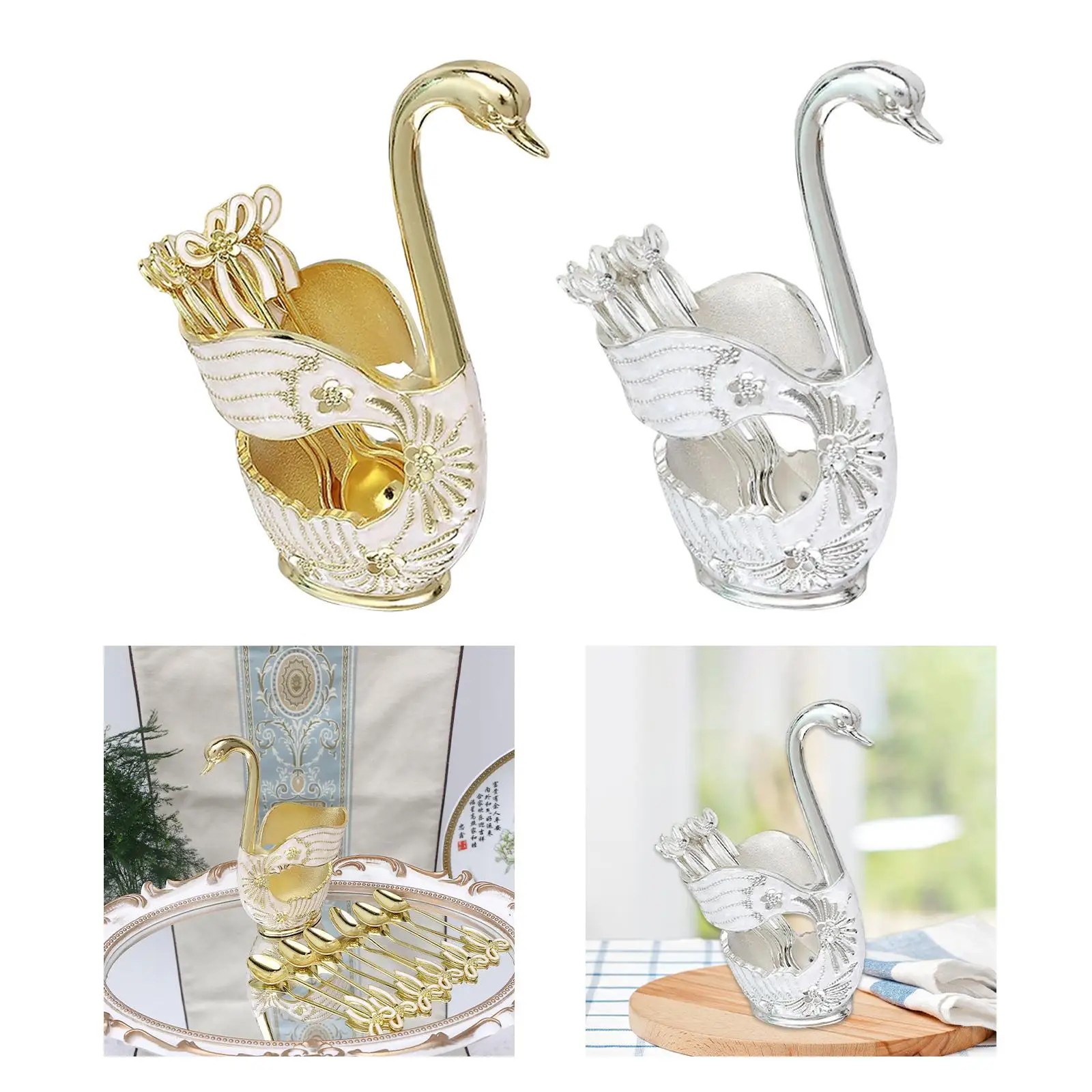 Alloy Swan Dinnerware Set with 6 Spoons Swan Base Holder Teaspoon Flatware Set for Wedding Home Dining Table Hotel Decoration