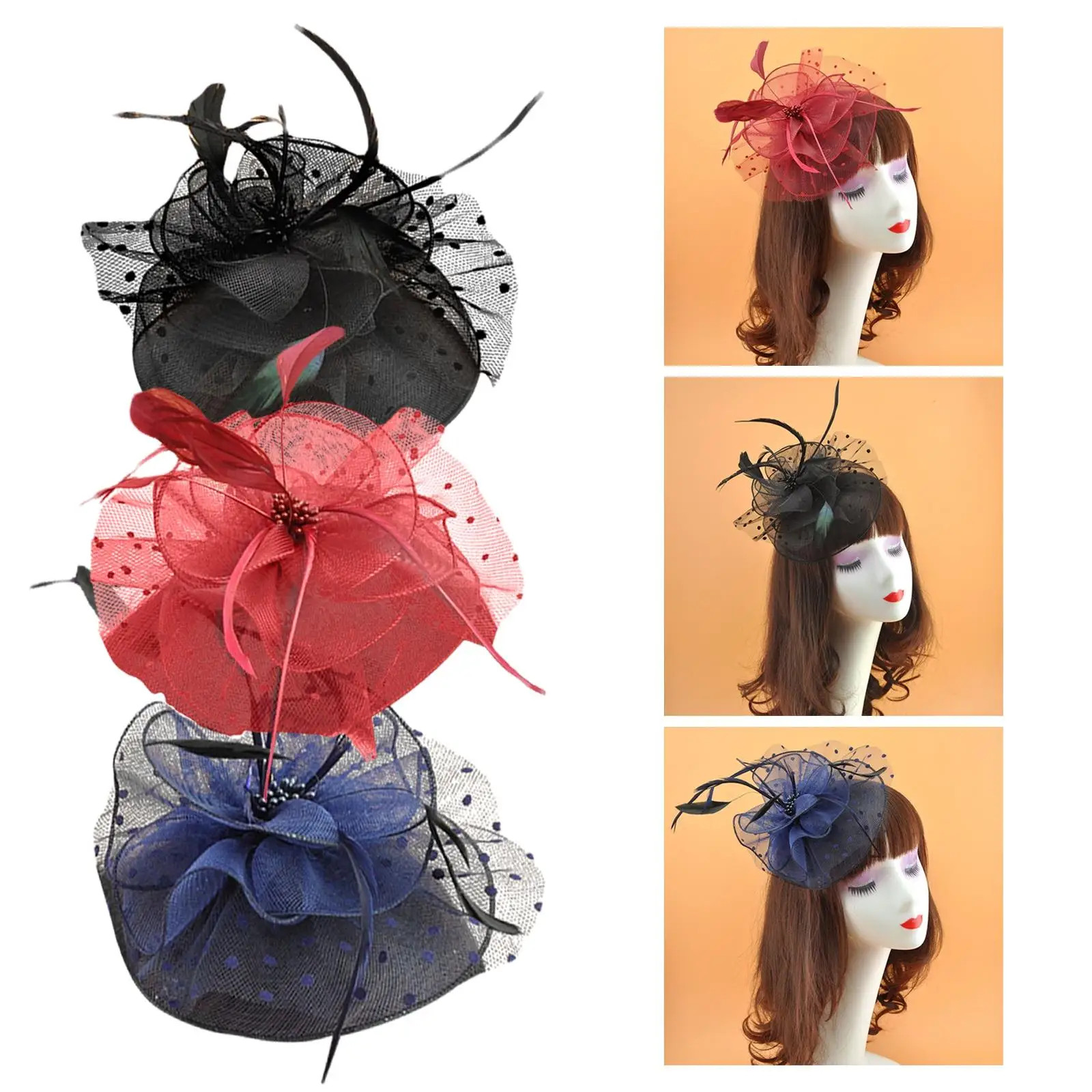 Fascinator Hair Clip Flower Mesh Feather for Women Girls Gauze Headband for Bridal Wedding Derby Prom Hairpin Hair Decoration