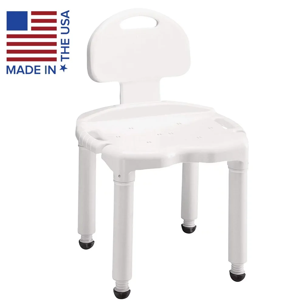 A slip-resistant grip white shower chair for elderly individuals, and this bath chair is made in USA.