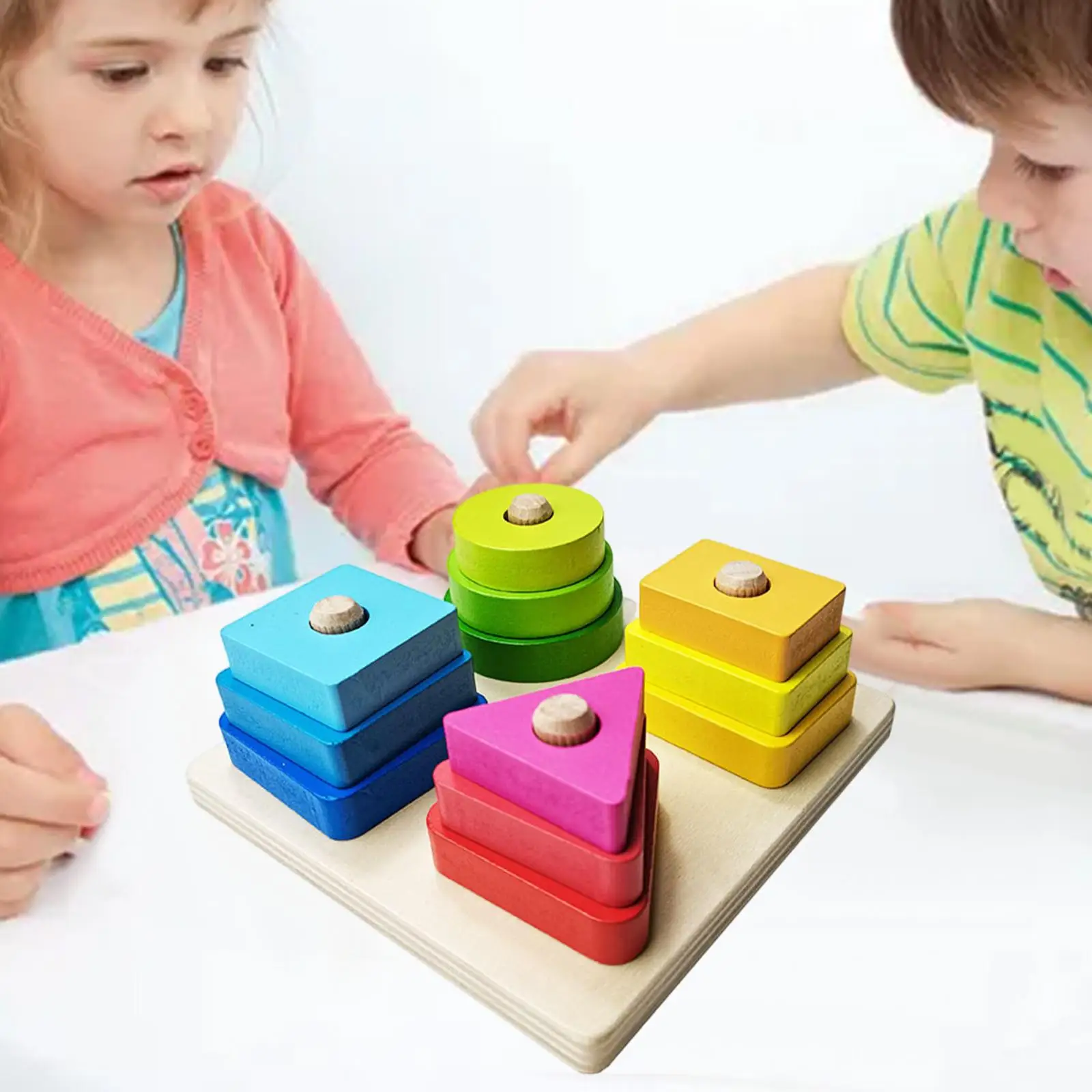 Baby Montessori Wood Shape-Sorting Geometric Stacker Building Blocks Educational