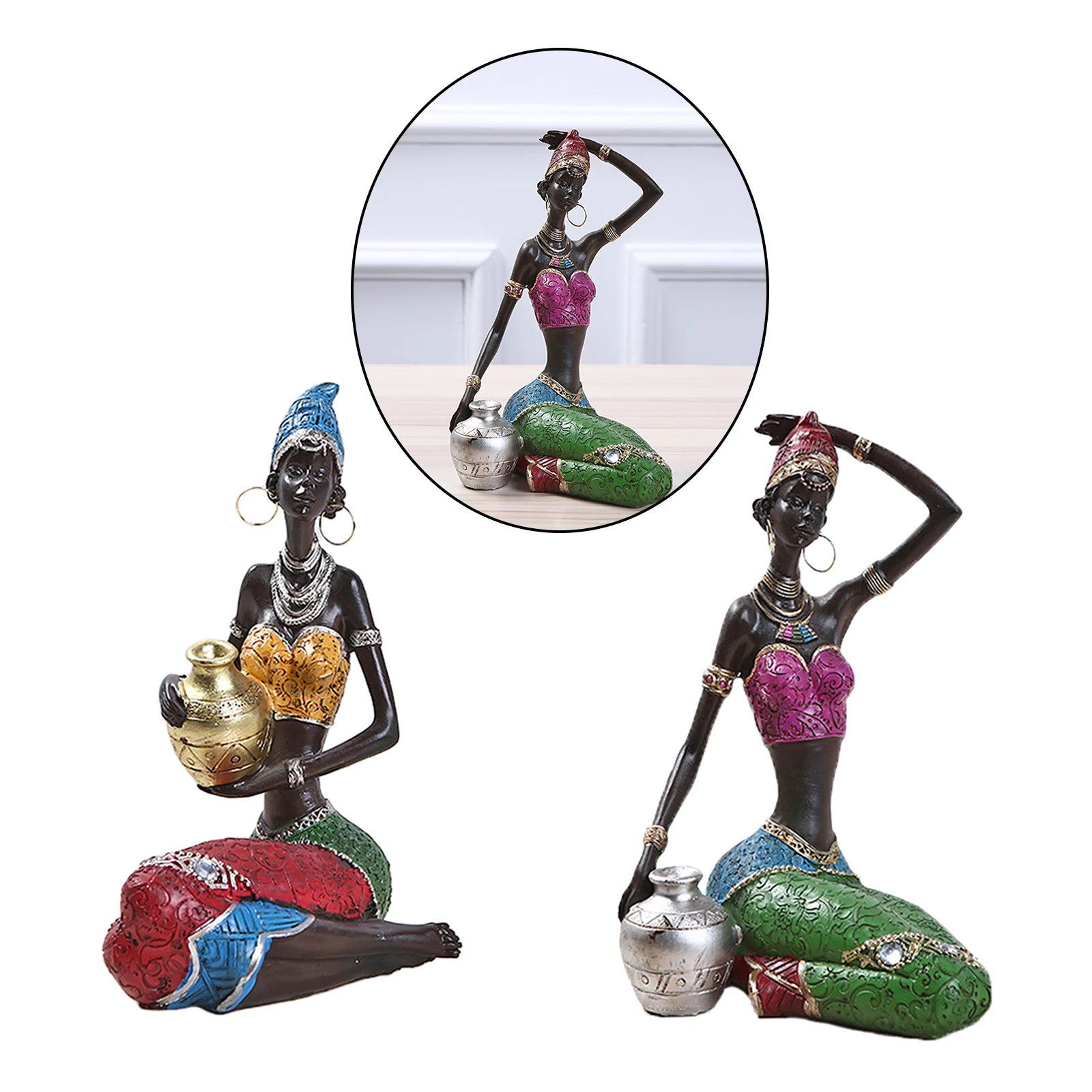 2pcs African Figurines Creative Resin Statue Sculpture Desktop , Ethnic  Pot Flower Vase Flowerpot for Home Living Room Cabinet