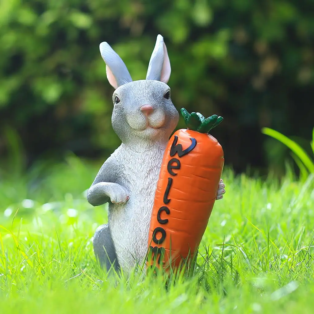 Cute Bunny Statue, Grey Natural W/ Carrot Animal Resin Easter Easter Bunny Decoration, Sculpture Decor for Home Garden Outdoor