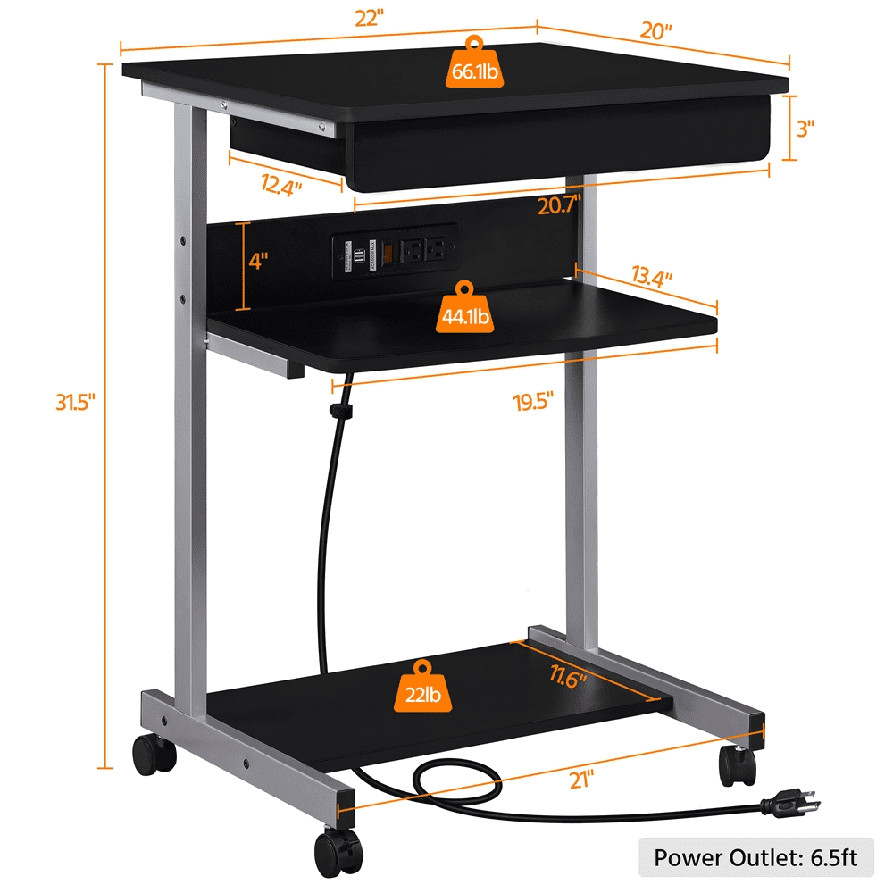 Description Picture 6 of itemSMILE MART 22in Rolling Laptop Computer Table with Power Outlet for Home, Black standing desk converter desk table