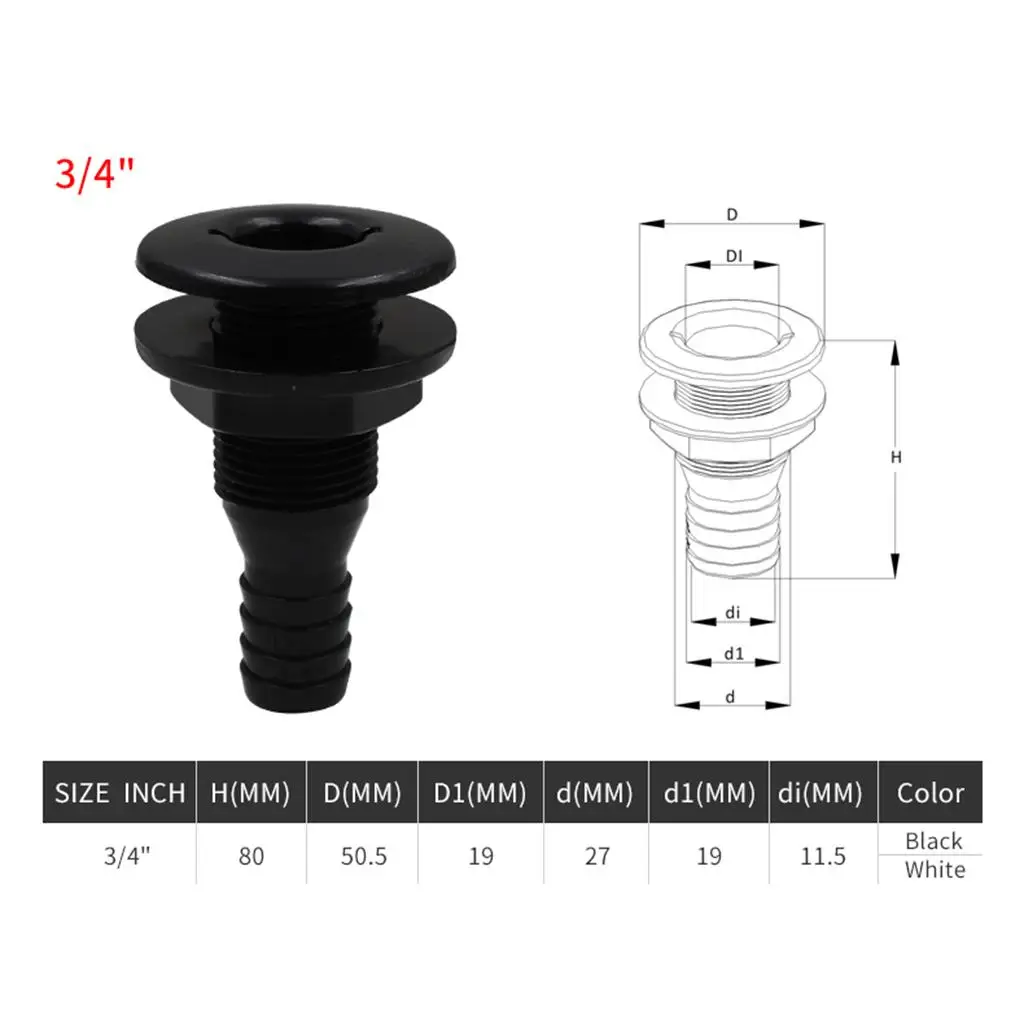 3/4`` Black ABS Boat Thru-Hull Fittings Replacement Bilge Pump Hose Fitting