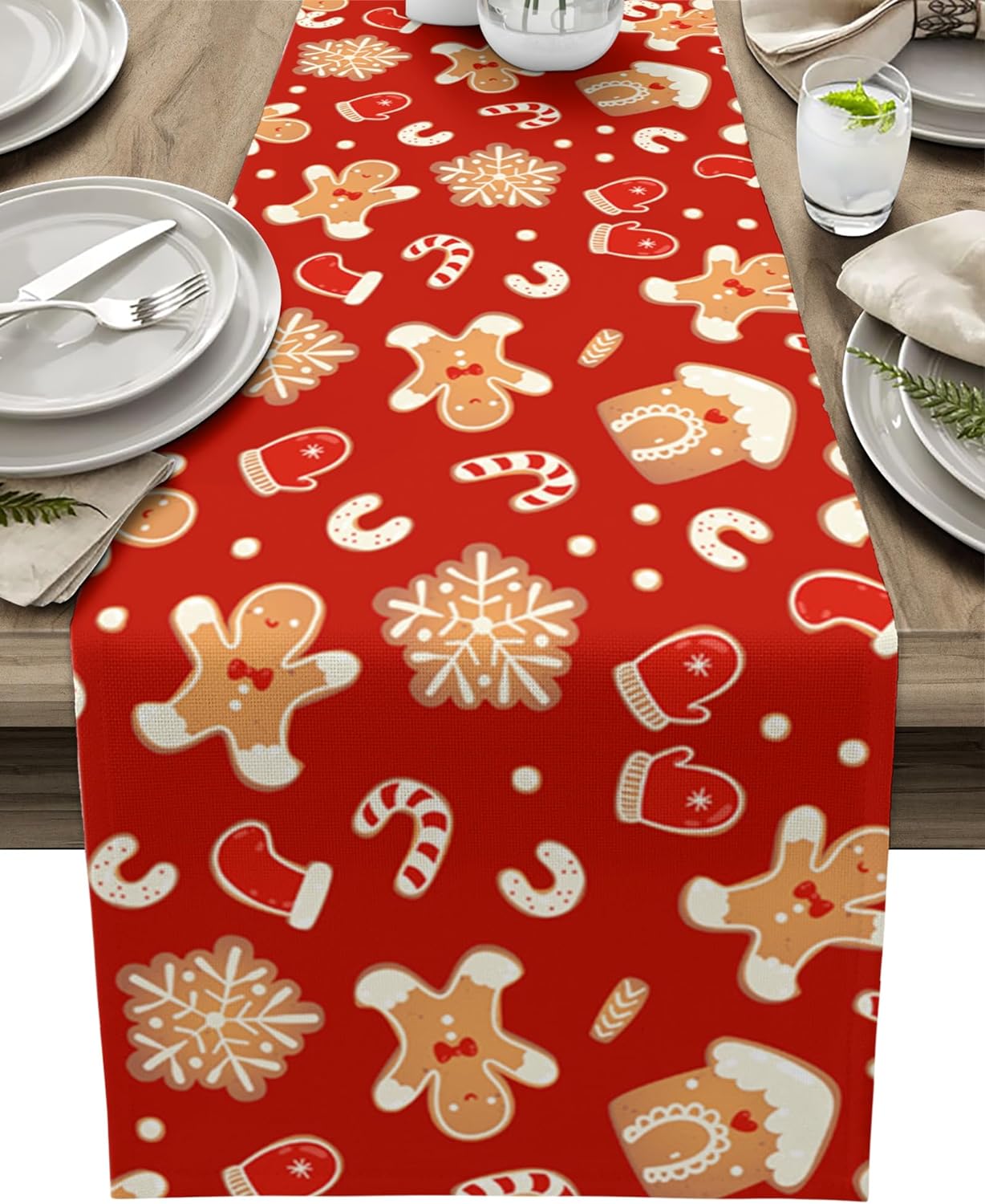 Description Picture 2 of itemChristmas Gingerbread Man Linen Table Runners Dresser Scarves Table Decor Winter Xmas Dining Table Runners Christmas Decorations