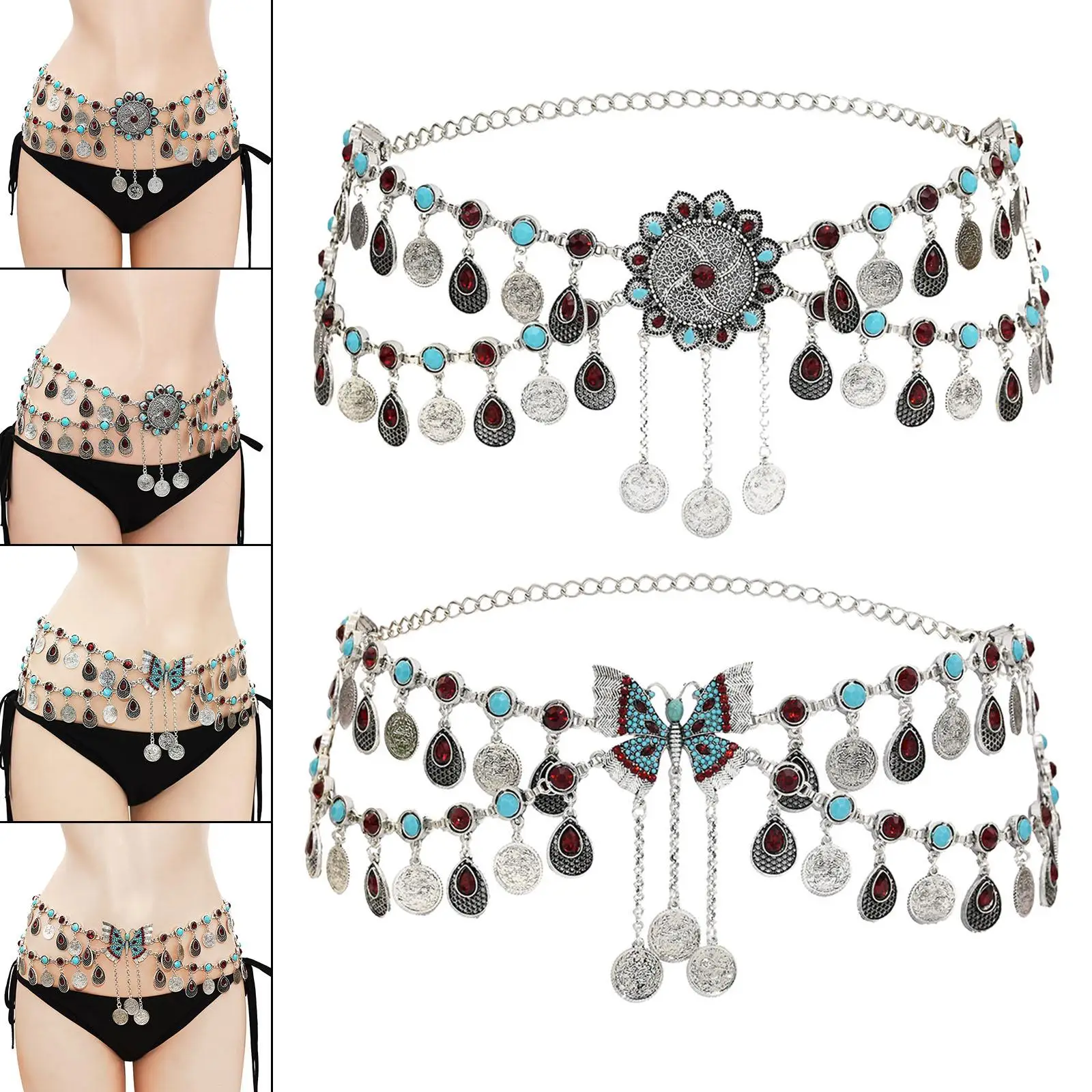 Belly Body Chain Waist Chain Jewelry Silver Color Coin Tassels Pendant Costume Rhinestone Turkish Gypsy Beach Belt for Women