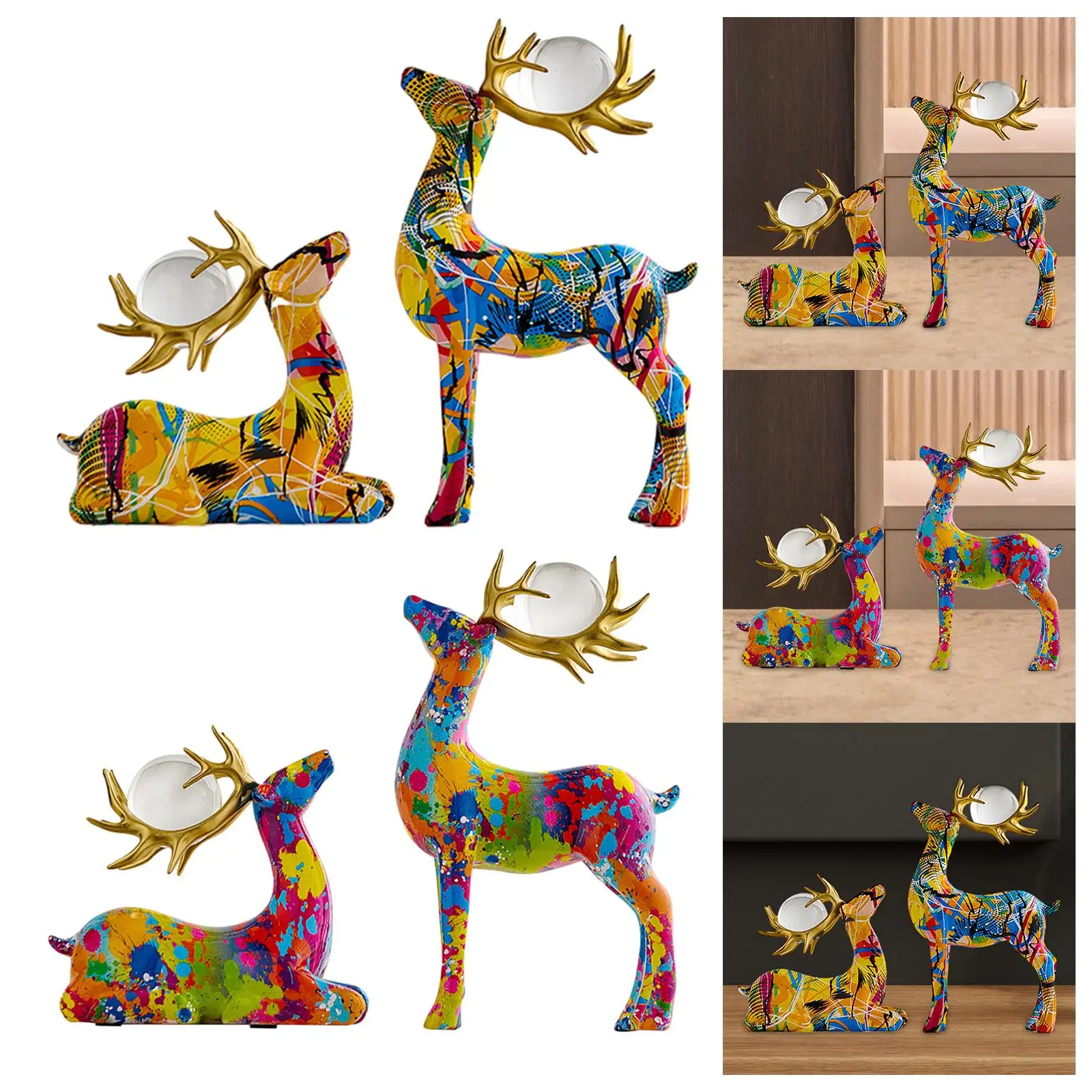 Couple Deer Statue Reindeer Figurine Modern with Ball Artwork Resin Sculpture for Tabletop Wedding Bedroom Cabinet Decor