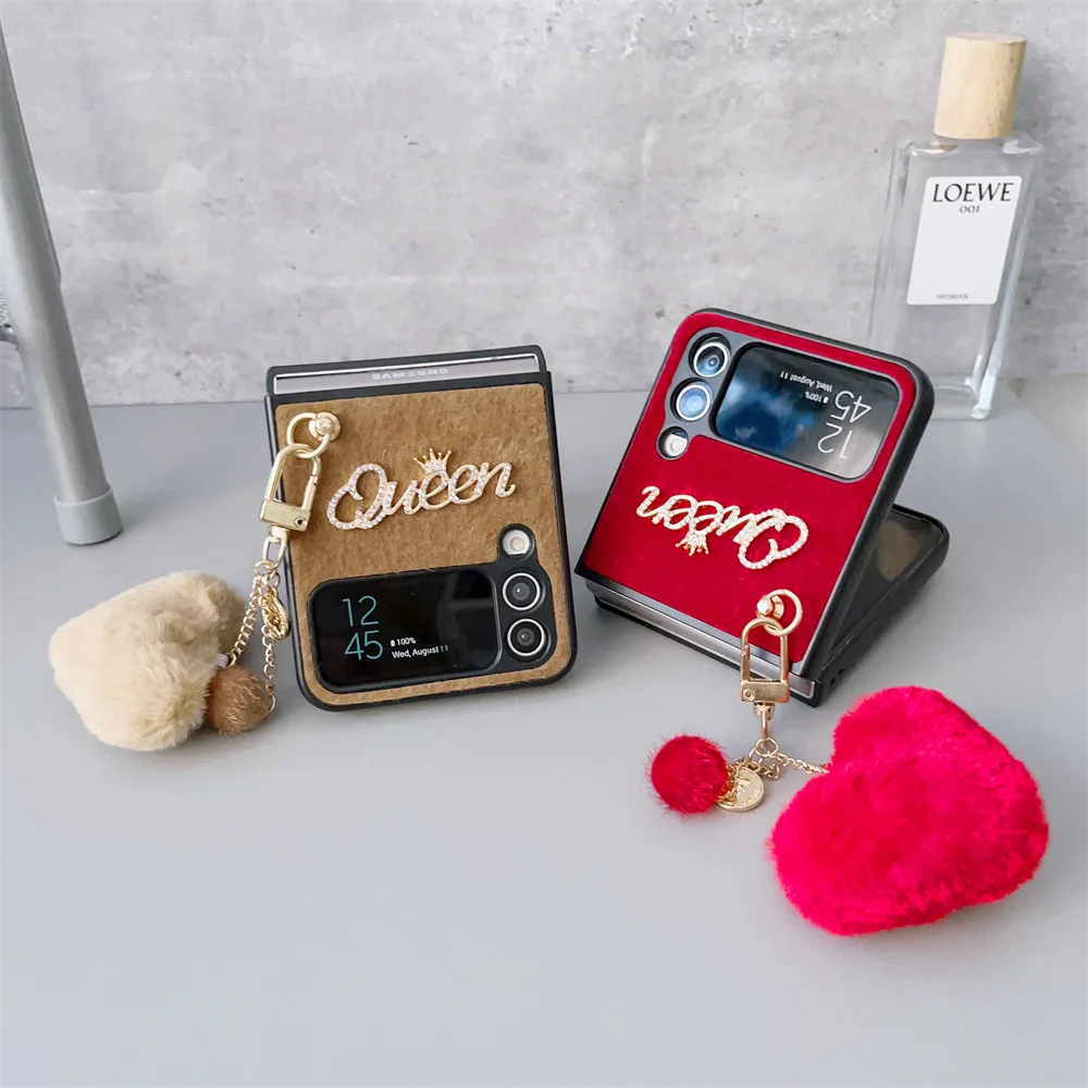 Pearl Love Plush Pendant Phone Case for Samsung Galaxy Z Flip 7 FE 5g ZFlip 6 Z Flip 7 6 5 4 3 Love Heart Plush Shockproof Cover