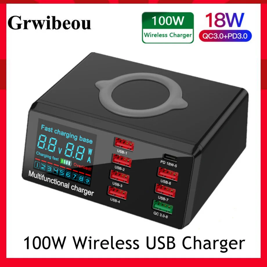Grwibeou 100W Wireless USB Charger Dock 18W PD QC3.0 Fast Charger Station Smart LED Display 8 Ports USB For Samsung Huawei Phone smart hand ring watch charger