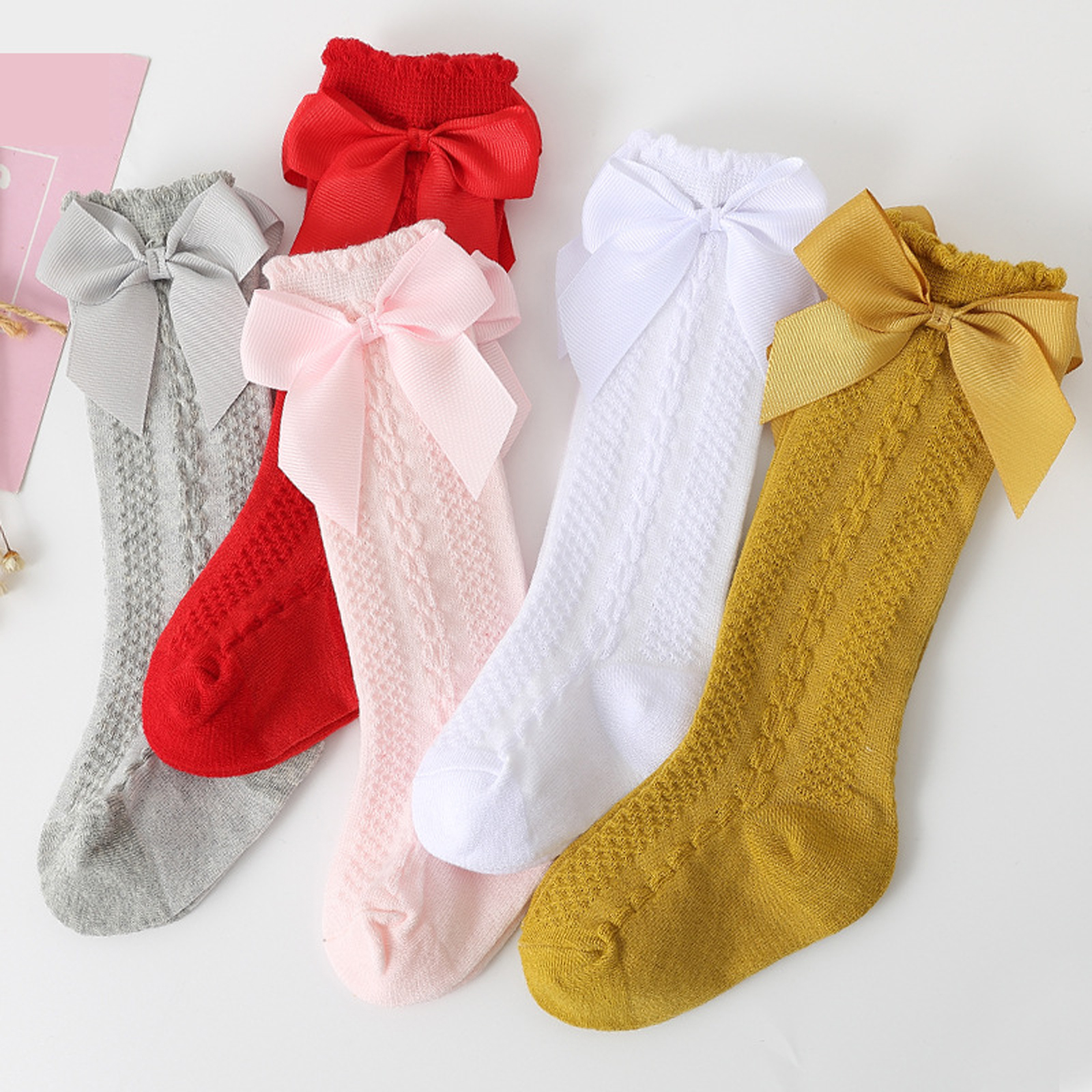 Kleinkind-Baby-Mädchen-Socken, niedliche knielange gestrickte Lolita-Socken mit Schleifenverzierung für 0–2 Jahre – Detail 1