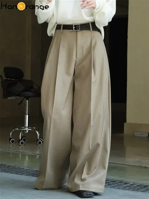HanOrange Linen Textured Fashion High Waist Wide Leg Pants Women 2024  Spring Autumn Silhouette Casual Loose Trousers Female