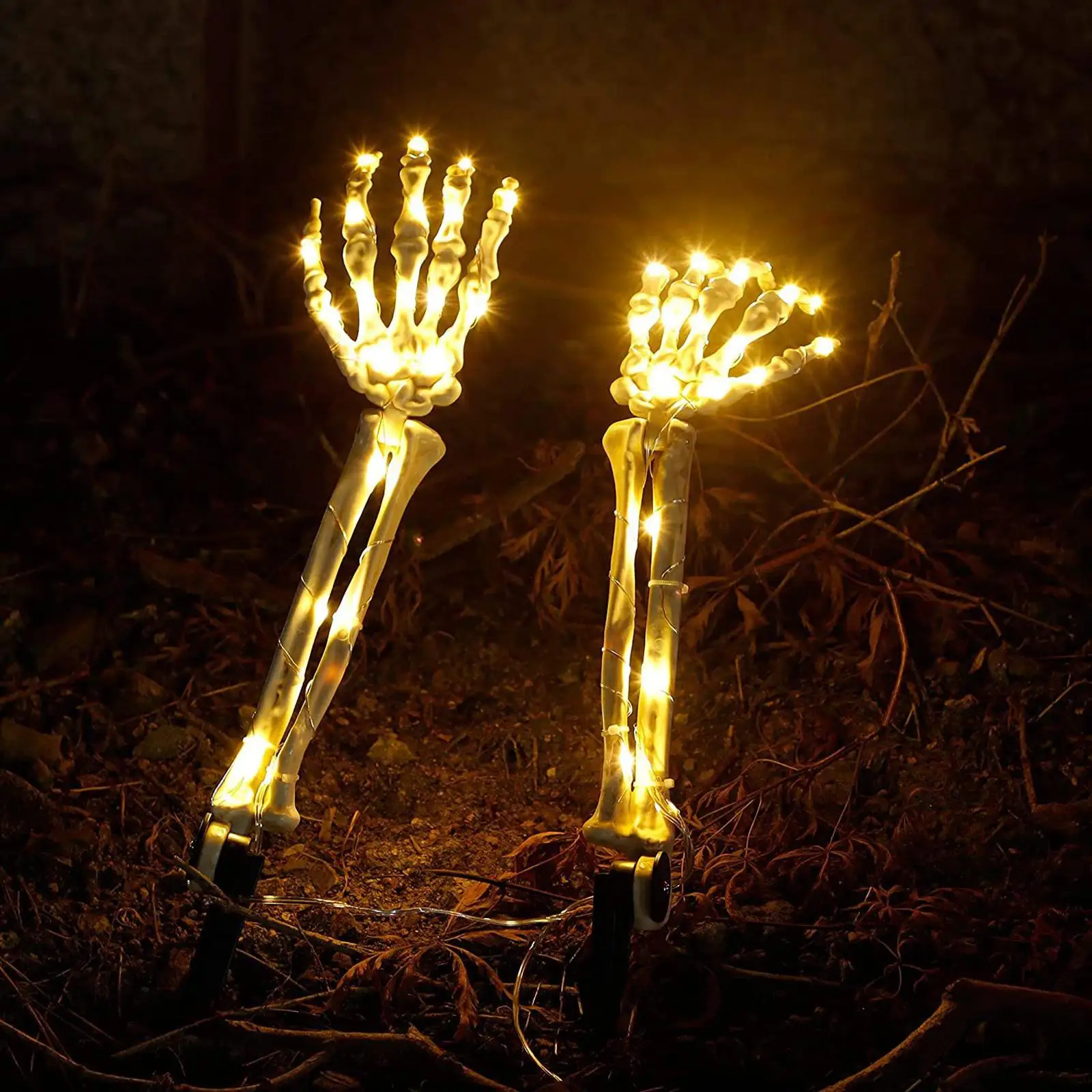 2Pcs Skeleton Arm Stakes Lights Garden Lawn Ground Light Copper Wire Light for Yard Halloween Festival Decoration