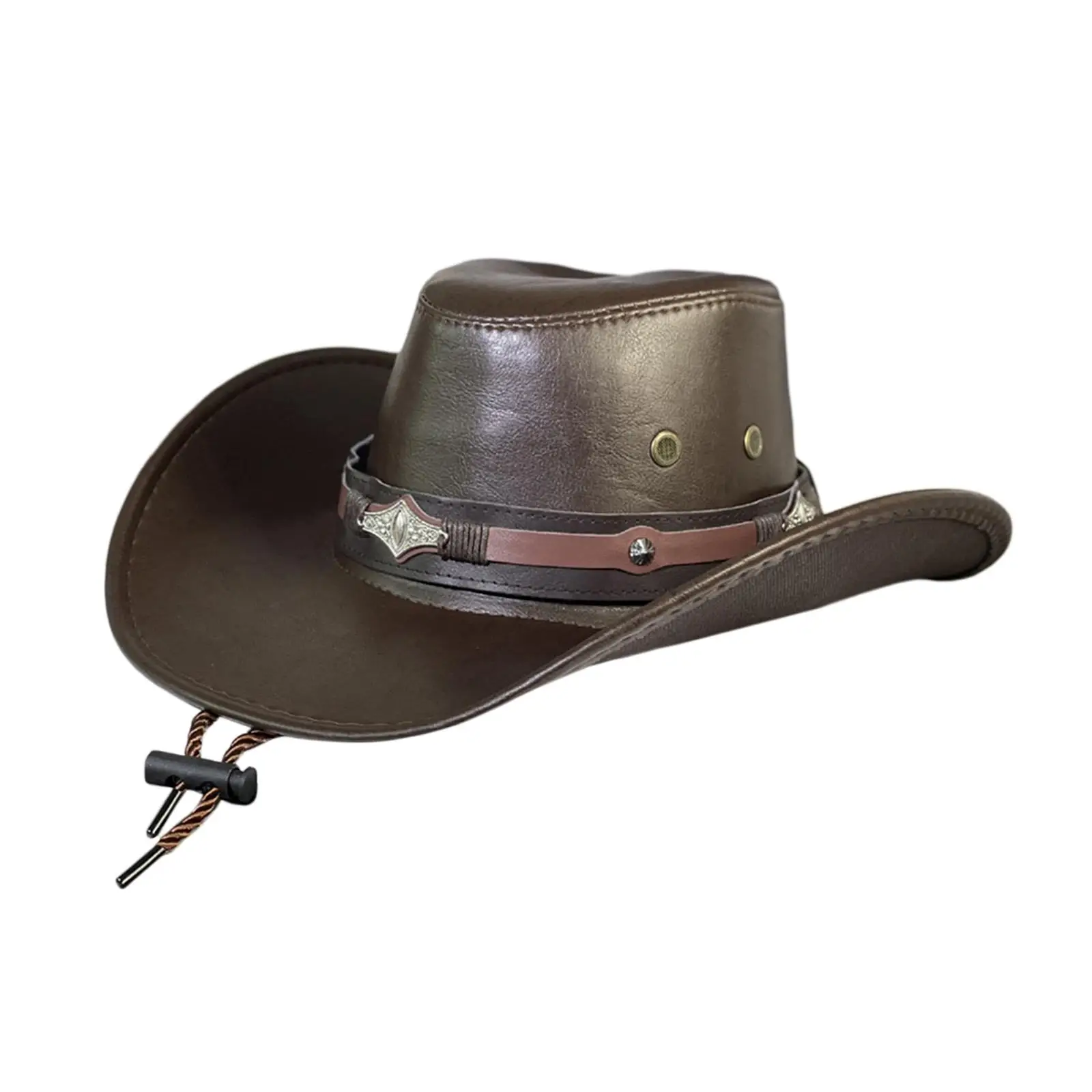 Western  Hat Sun Hat Durable PU Leather Hats Gentleman Jazz Hats with Chin Strap for Halloween Stage Performance Props