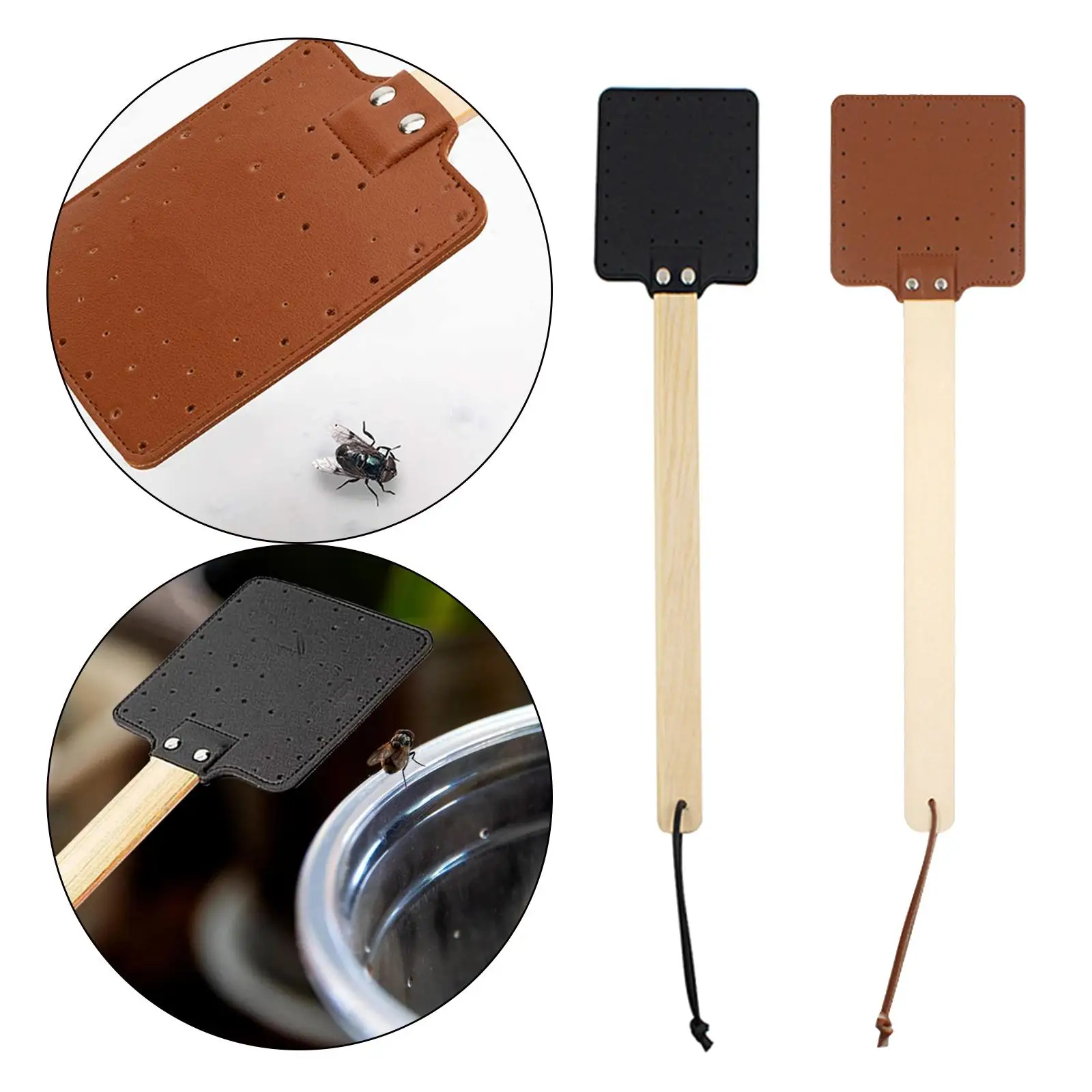 Fly Swatter with Wooden Handle PU Leather Swatter Bees Swatter for Outdoor