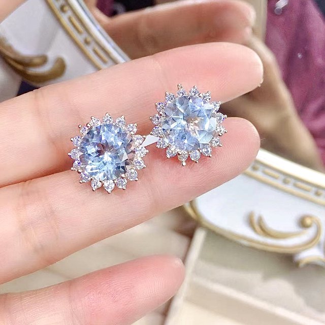 Natural Sky Blue Topaz Stud 2024 Earrings with Diamonds, Silver Earrings with Real Topaz, Genuine Topaz Earrings Silver, Topaz Birthstone Earring