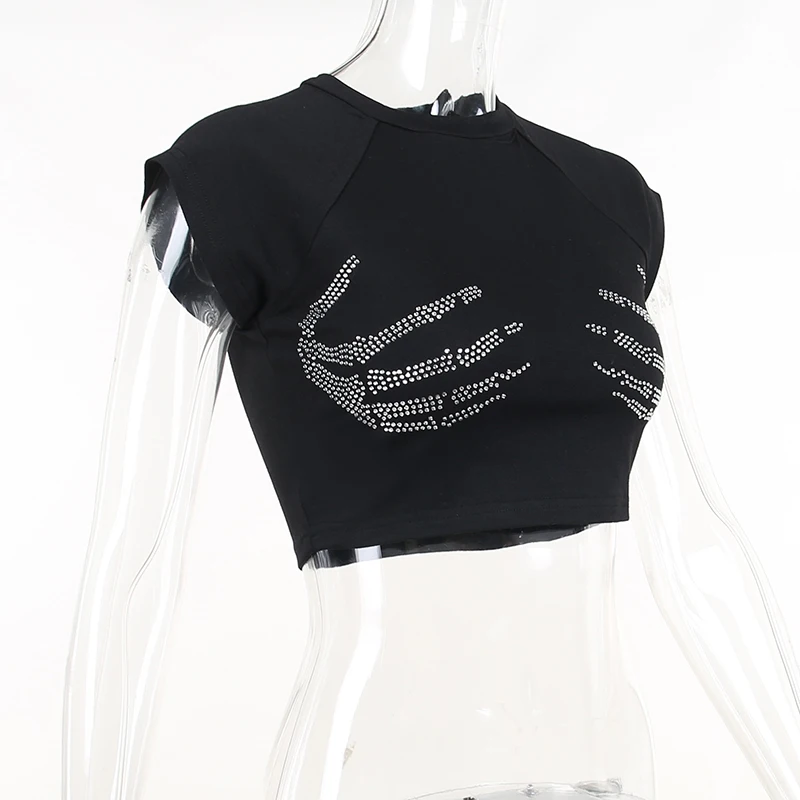 Diamonds Hand Print Cropped Tops Korean Grunge Vintage Slim Fit T Shirt Summer Short Sleeve O Neck Black Basic Tees Streetwear