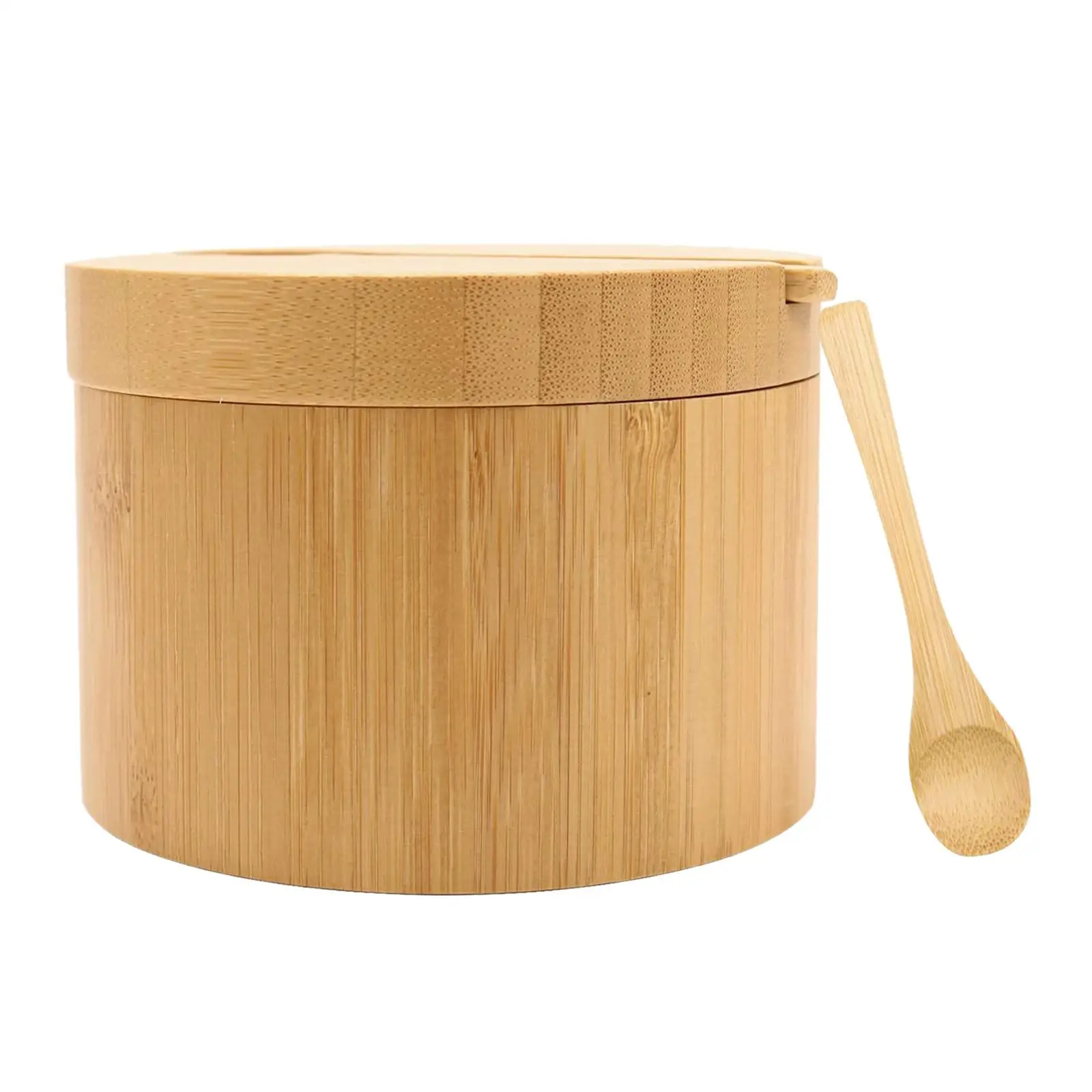 Wood Box for Spices with Magnetic Lid and Spoon Cylinder Spices Holder Desk Office Storage for Tea Salt Kitchen Countertop