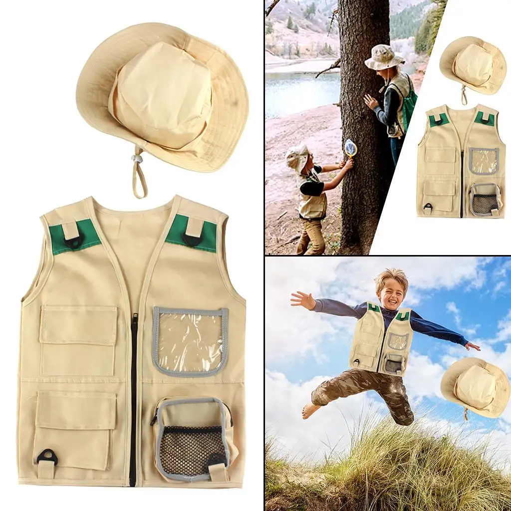 Kids Cargo Vest & Hat Set Hiking Hunting Outdoor Explorer Set Cosplay Unisex