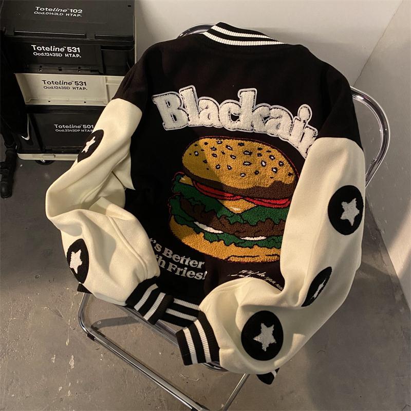 americano retro burger bordado uniforme de beisebol jaqueta masculina feminina na moda marca alta rua solta casal selvagem chique topo