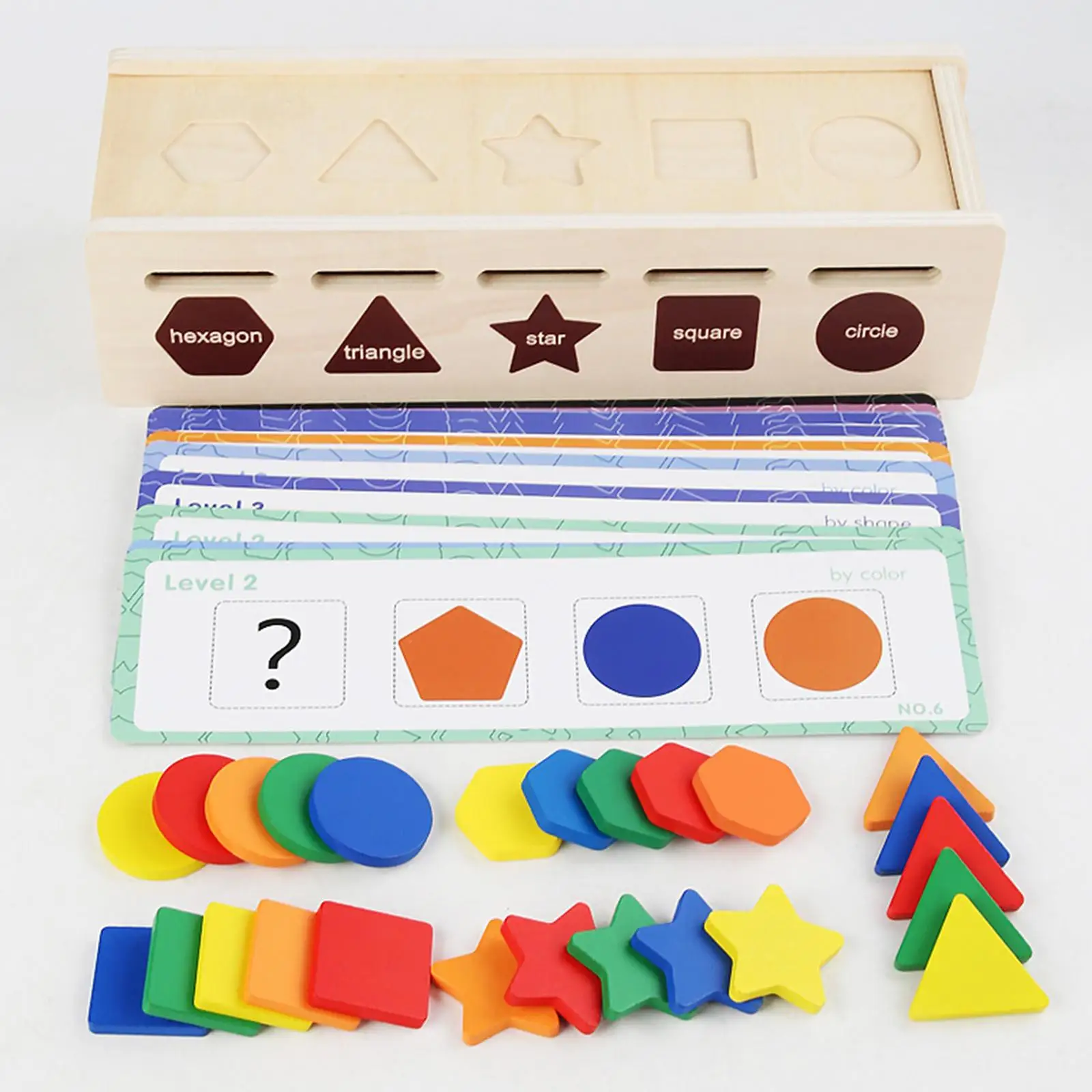 Montessori Toys Color & Shape Sorting Toy Block Puzzles Matching Box, 25 Geometric Blocks and 12 Cards for Children Kids