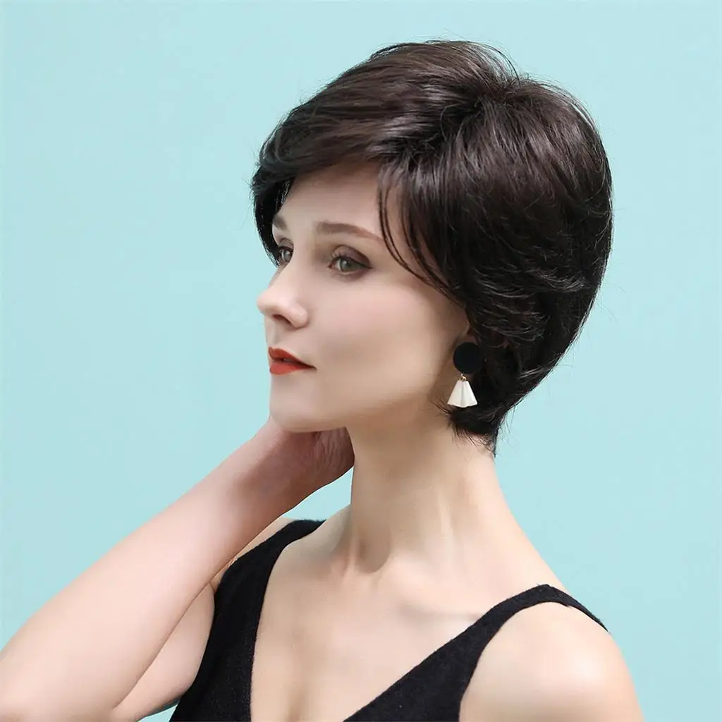Women Resistant Human Hair Straight Side Part Layered Elegant Natural Wigs