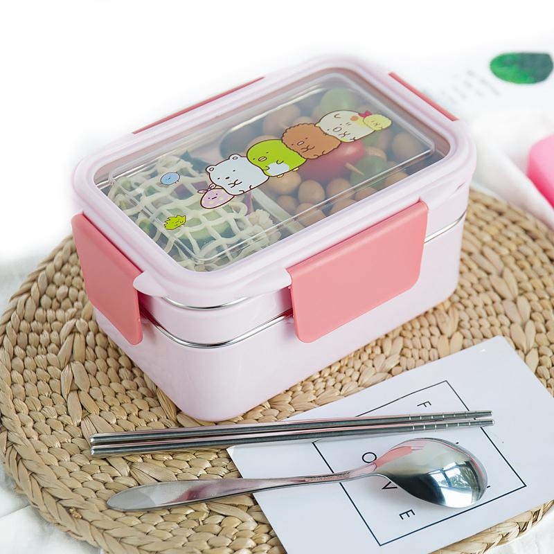 Mit zufälligem Muster Cartoon Lunchbox Edelstahl Doppelschicht Lebensmittelbehälter Tragbare Kinder Picknick Schule Bento – Detail 4