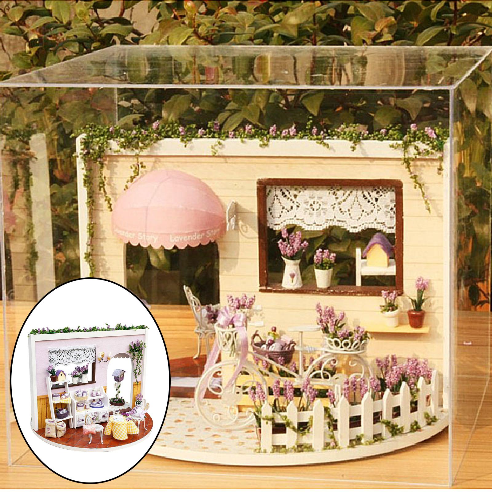Miniature Wood Doll House with Furniture Plants Ornament Kits LED Light Sky Garden Lavender Story Model Puzzle Building Kit