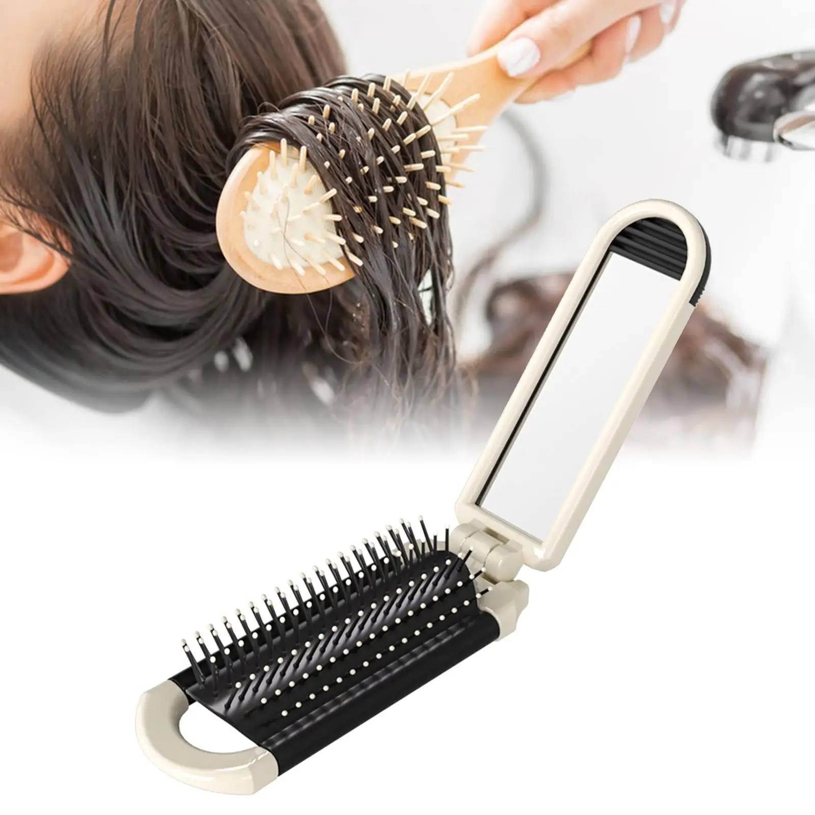 Folding Hair Brush with Makeup Mirror Compact Hair Styling Tool Small Hairbrush Mini Hair Comb for Bag Gym Trip Women Men