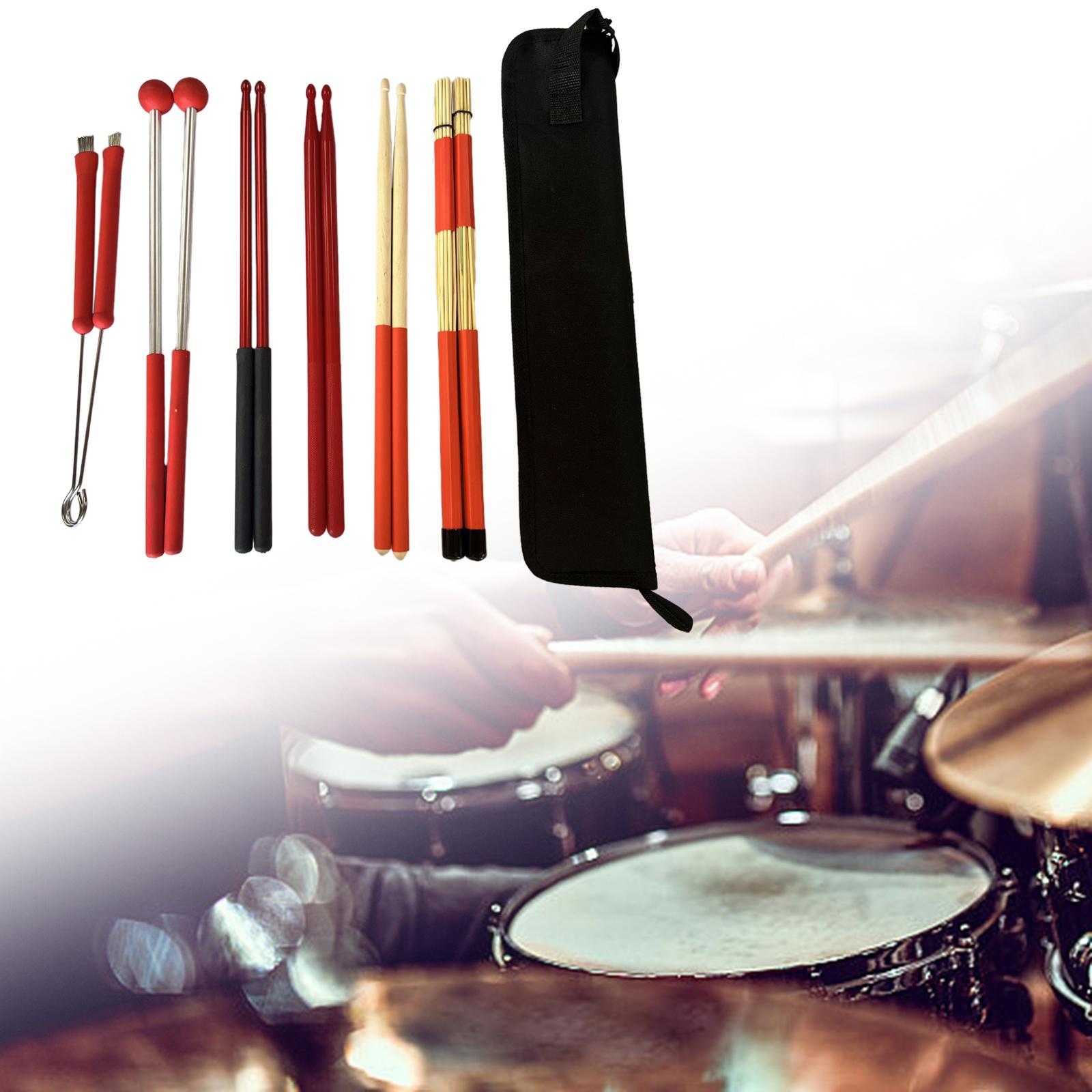 Drumsticks Set Wood Drum Sticks with Portable Storage Bag Retractable Drum Wire Brushes for Beginner Drummer Playing Practice