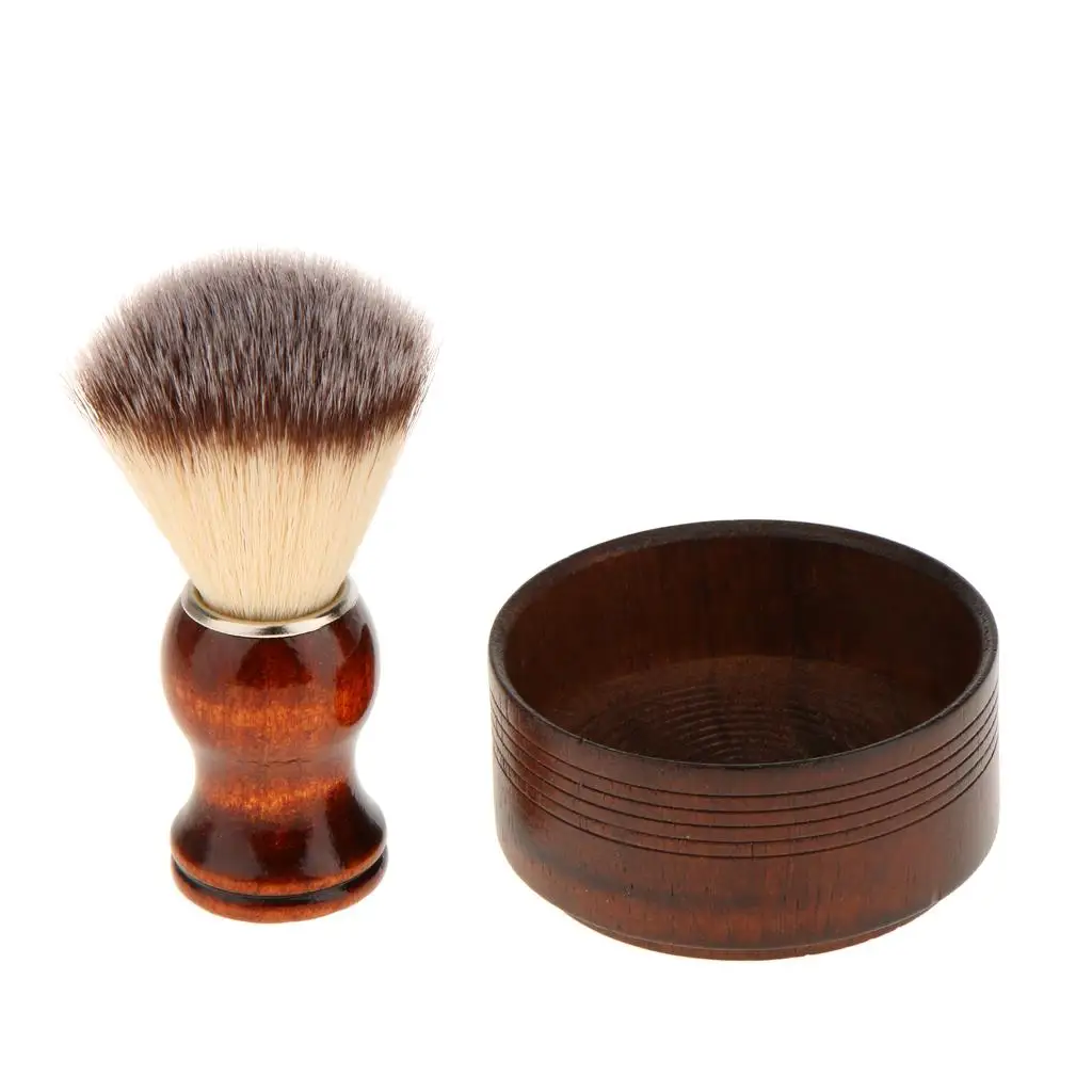 Wooden Shaver Bowl Soap Cup Mug & Facial Shaving Brush Tool for Men