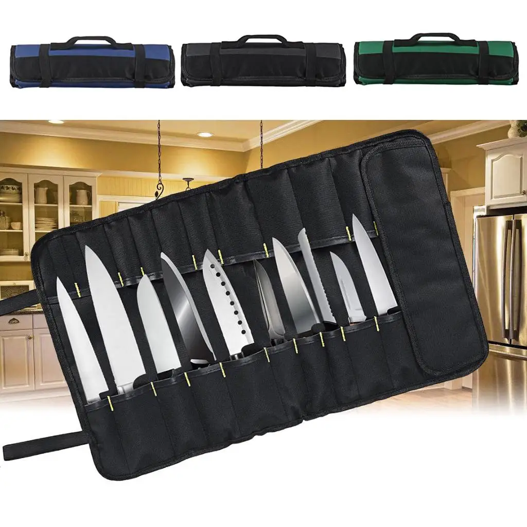 Portable Chef Cutters Roll Bag Fits 22 Pieces With Handles Strap 35.3x13.5cm