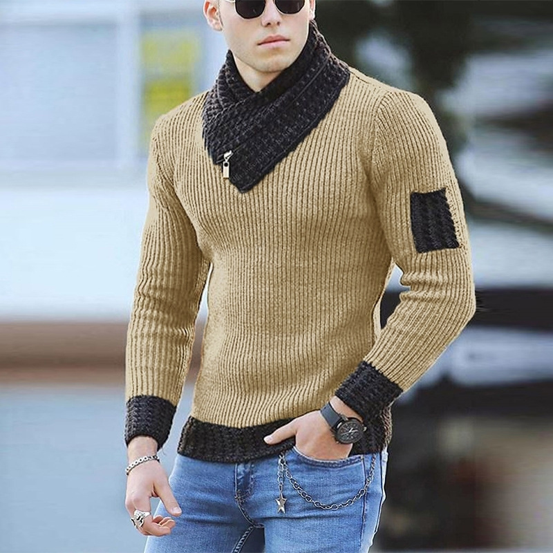 Pulover bărbați 2023 toamnă/iarnă guler înalt mânecă lungă croială slim fit tricotată top pulover mare pentru bărbați584_voghion.com