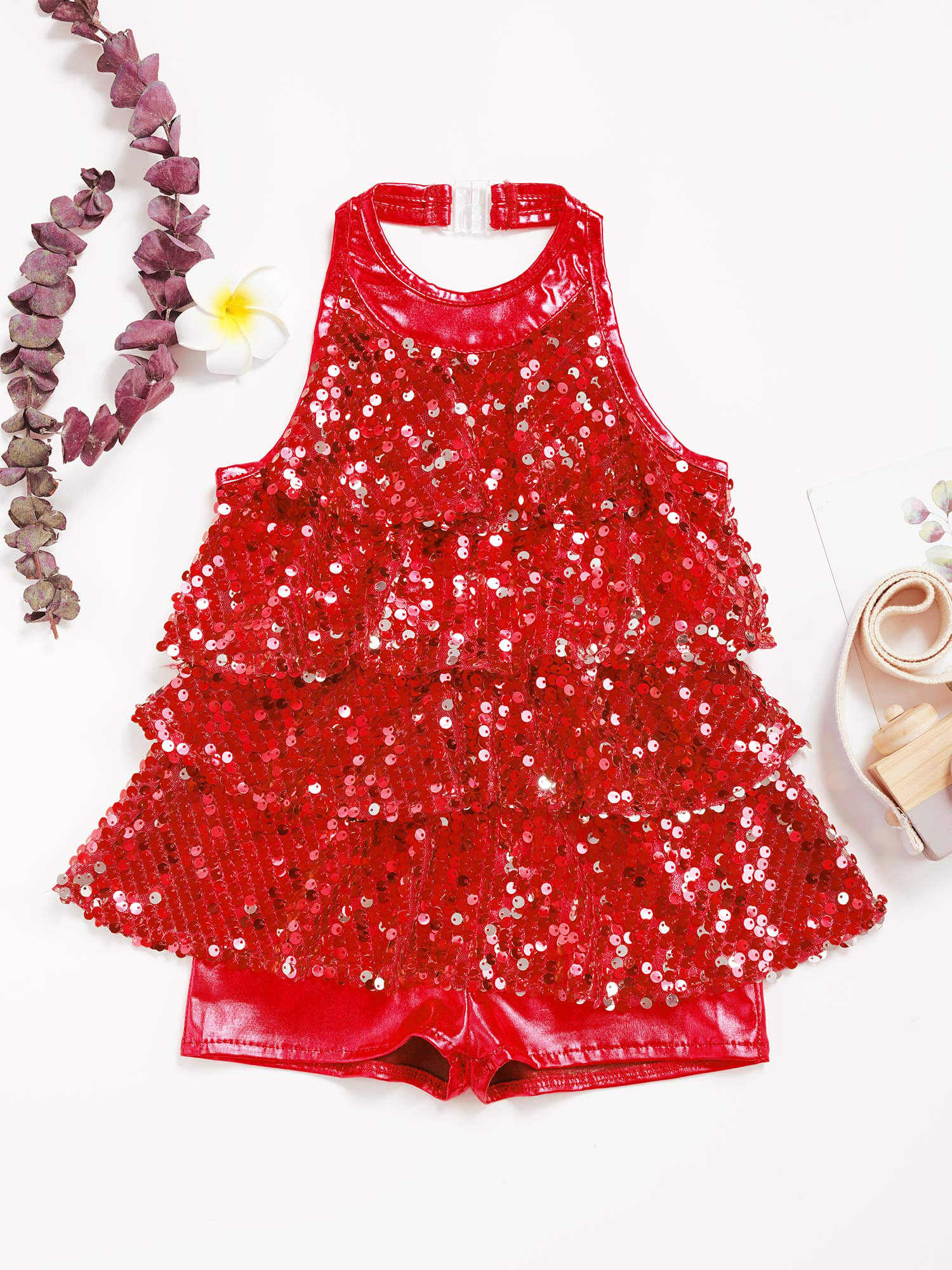 Kinder Mädchen Neckholder Glänzende Pailletten Moderne Jazz Latin Ballett Tanz Kostüm Shorty Ganzanzug Kleid Bühne Leistung Dancewear – Detail 26