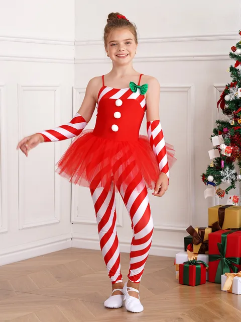 Comprar Disfraz de Navidad a rayas de bastón de caramelo para niñas, mono  largo con lazo de manga larga, mono de baile, traje de baile