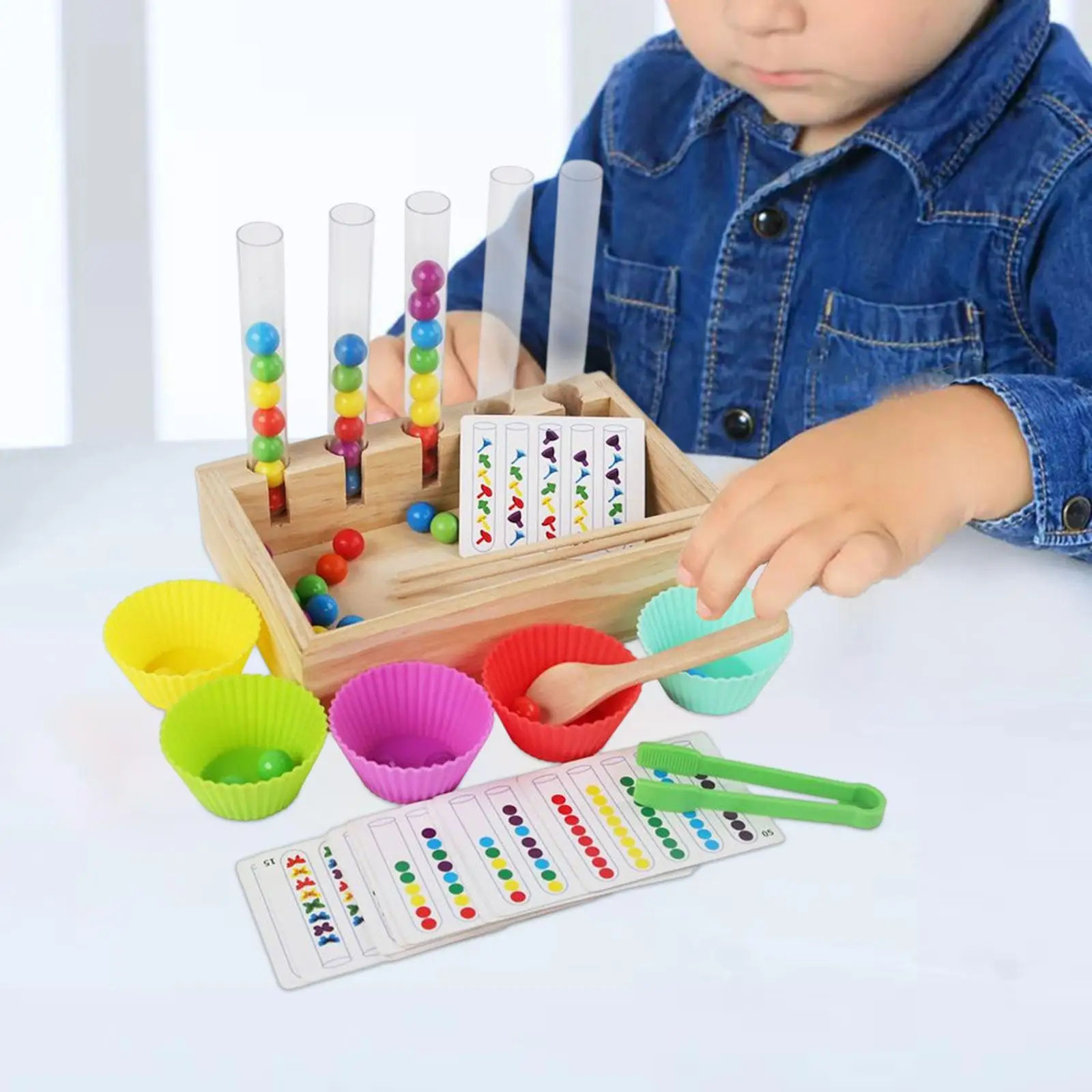 Wooden Peg Board Game Beads Game Wooden Rainbow Balls in Cups Montessori Toy for Children