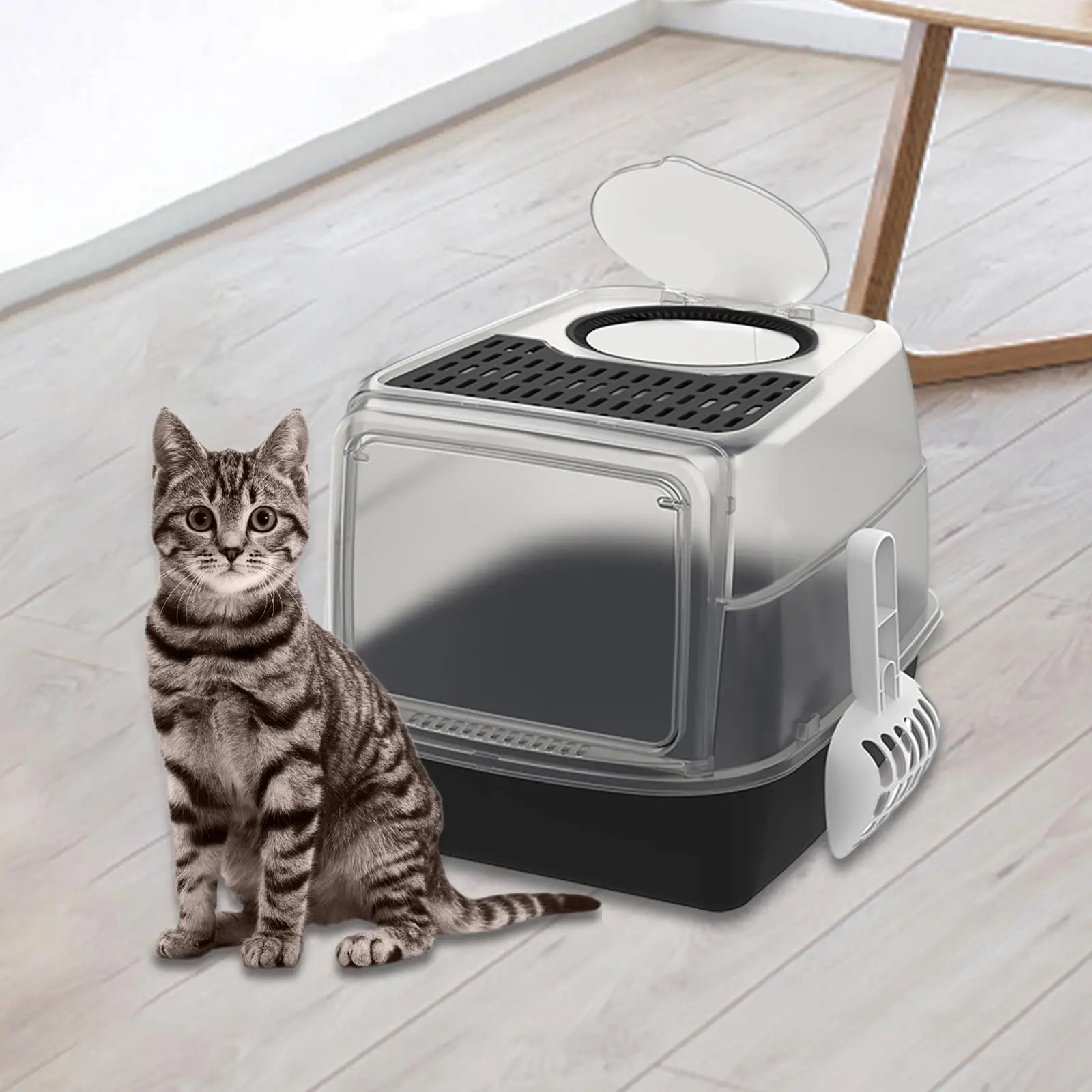 Hooded Cat Litter Boxes with Scoop Cat Litter Tray Portable Large Spacious Pet