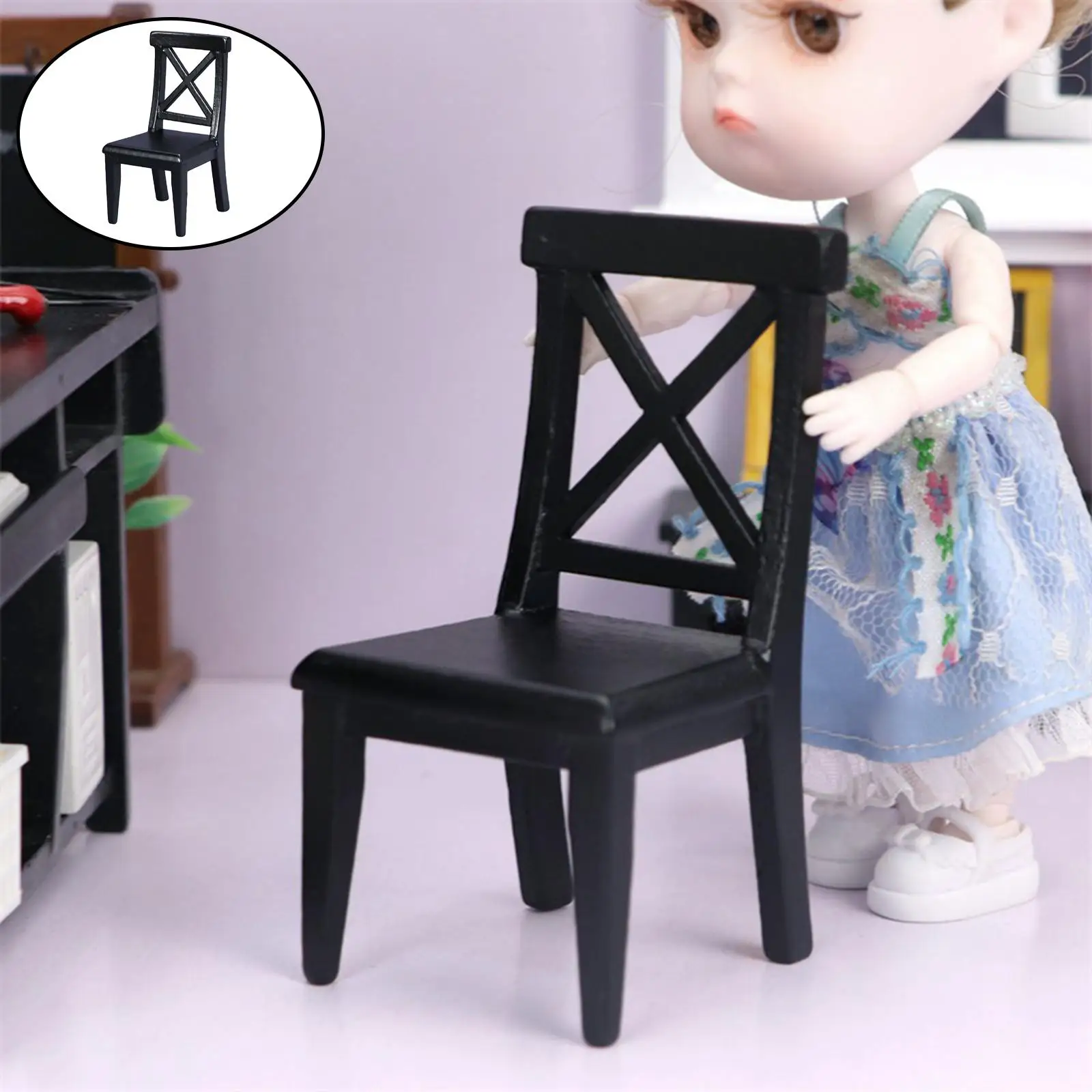 Black Dollhouse Miniature Chair Birthday Gifts Pretend Toy Toys for Kitchen