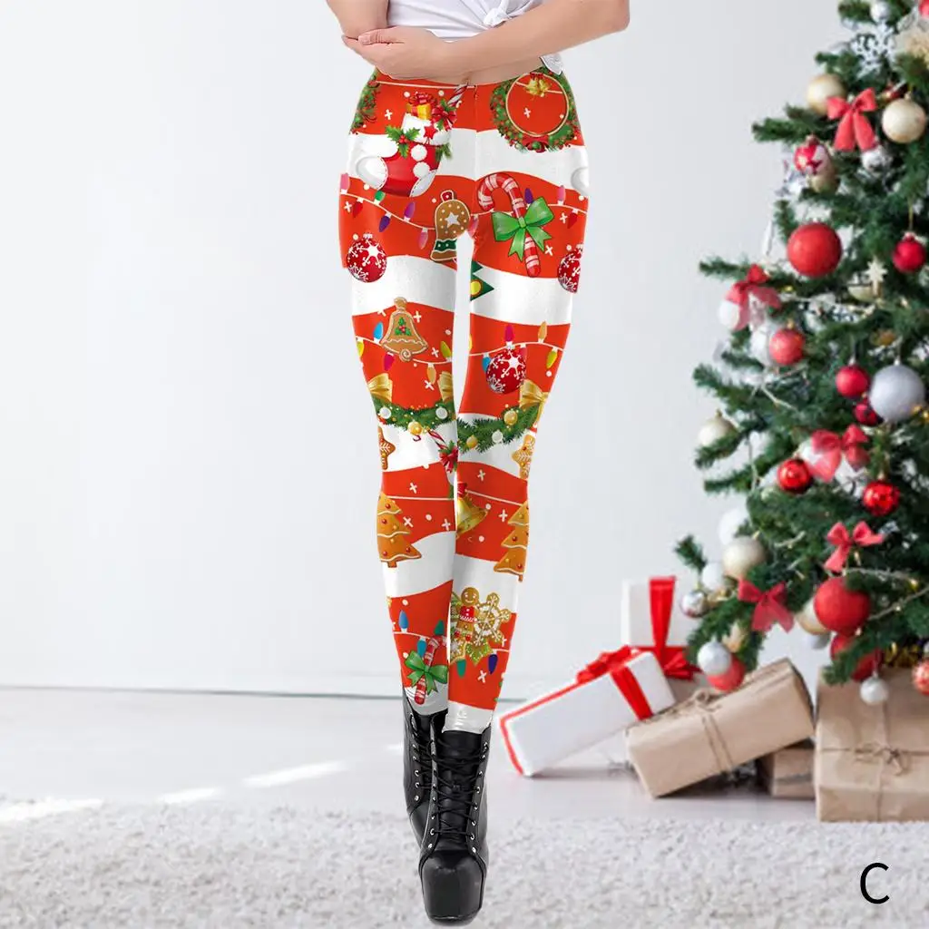 Moda magro natal leggings impresso santa floco