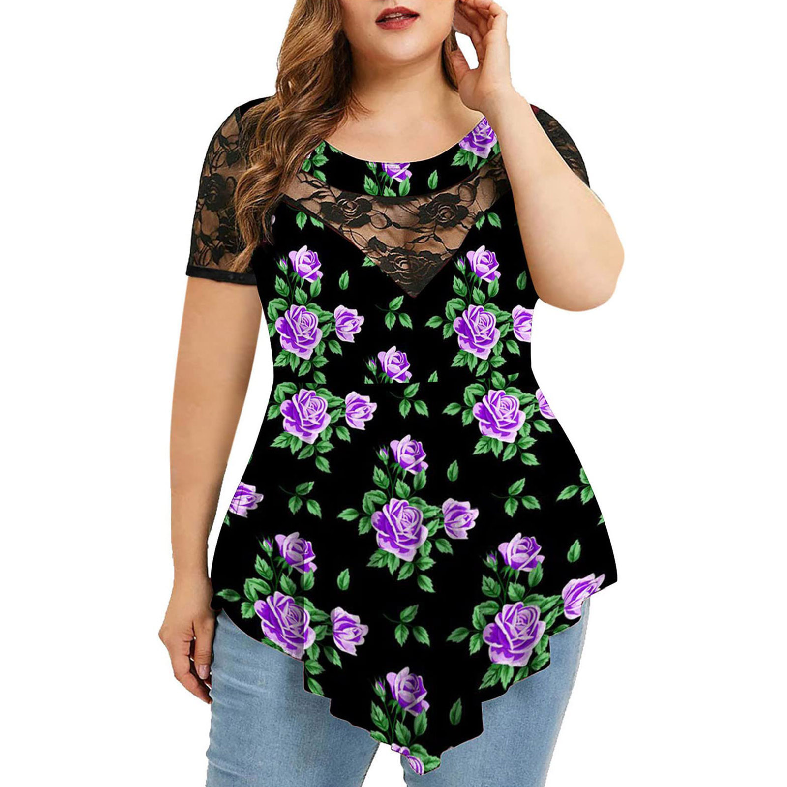 plus size camisas das mulheres verão manga curta blusa senhoras casual vestido pescoço túnicas rendas topos flores impressão camisas femininas