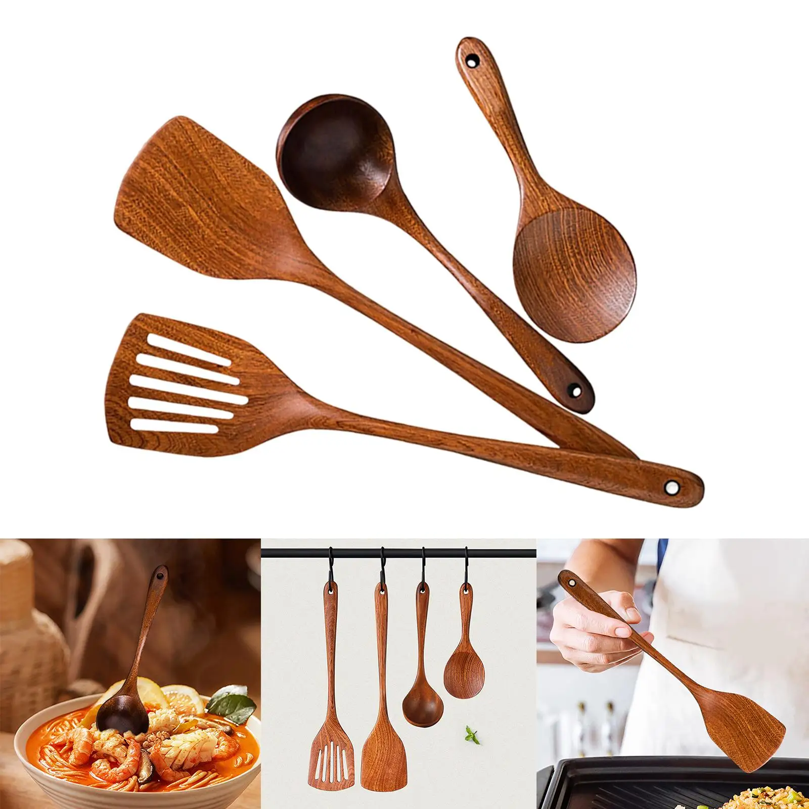 4x Japanese Style Wooden Kitchen Cooking Spoon Utensils Set Long Handle Ladles and Spoons Kitchen Gadgets