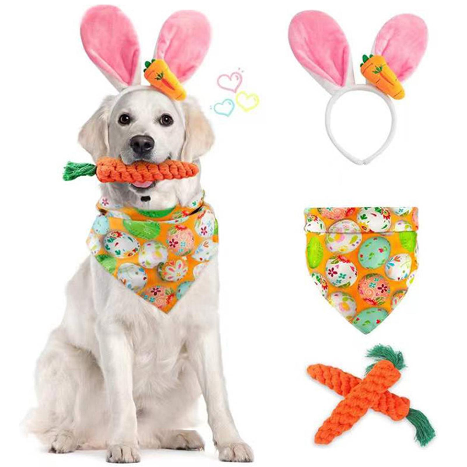 4x Dog Easter Costumes Triangle Bibs Rabbit Ear Headwear Carrot Shape Rope Teeth Cleaning Chew Toys Party Costume Accessories