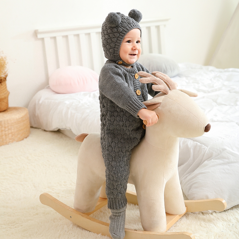 Infant Neugeborenen Baby 2PCS Winter Warme Outfits, Lange Ärmel Einfarbig Gestrickte Romper + Bär Hut Set – Detail 7